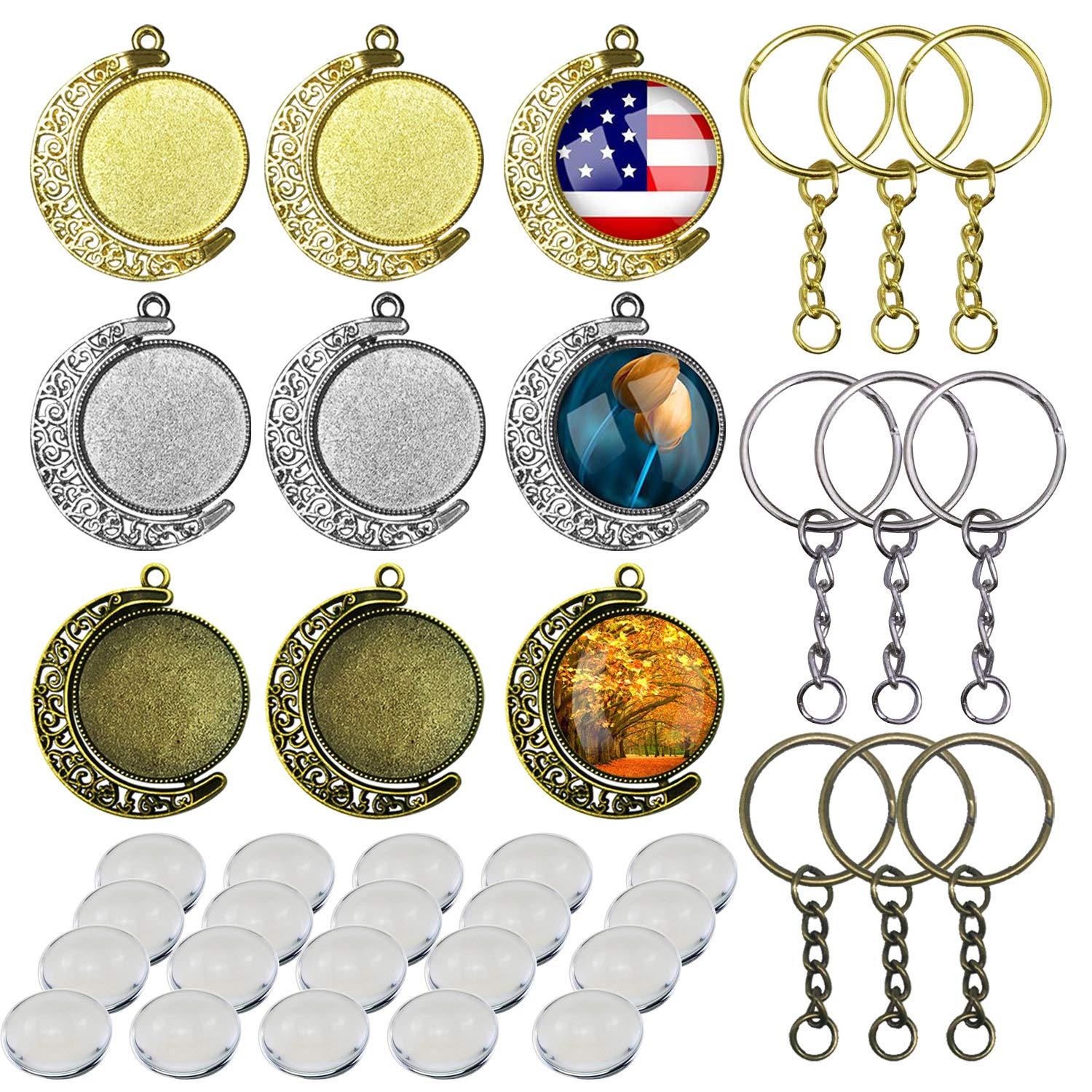 36 PCS Pendant Trays Kit for Jewelry Making - 25mm Moon Rotation Double Side Round Blank Bezel Pendant Trays (9PCS), Clear Glass Dome Tiles (18PCS) & Pendant Buckles (9PCS) - DIY Craft Supplies for Necklaces, Earrings, Charms & Handmade Jewelry Accessories