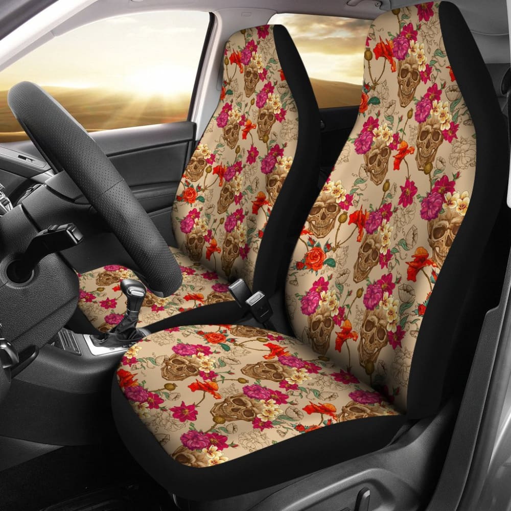 2 Pcs Sugar Skull Car Seat Covers - Premium Universal Fit for Cars, Trucks & SUVs - Halloween Dia de Los Muertos Decor - Protects Seats from Stains & Spills - Perfect for Road Trips, Daily Commute & Themed Parties