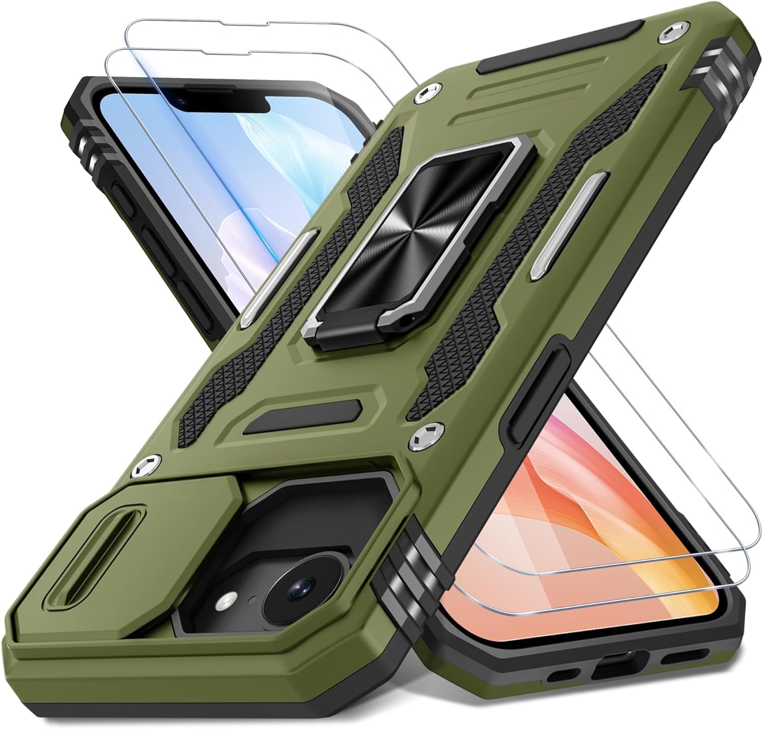 iPhone 16E Ring Kickstand Slide Camera Case - Shockproof Protective Phone Cover with 360° Rotatable Ring & Adjustable Stand - Perfect for Travel, Vlogging, and Hands-Free Viewing