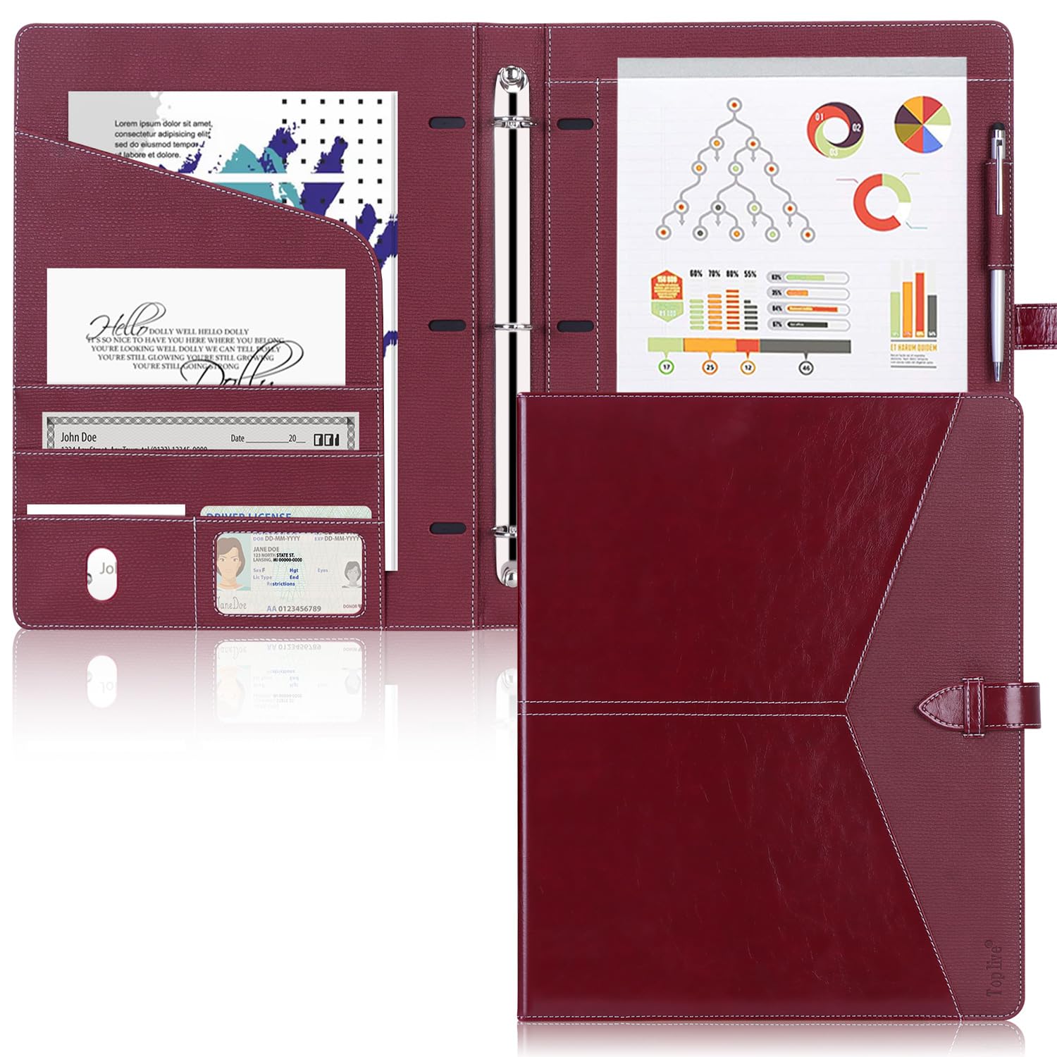 Toplive Professional PU Leather Padfolio 3-Ring Binder Organizer - A4/Letter Size Business Portfolio Folder for Women - Wine Red - Perfect for Interviews, Conferences & Office Presentations