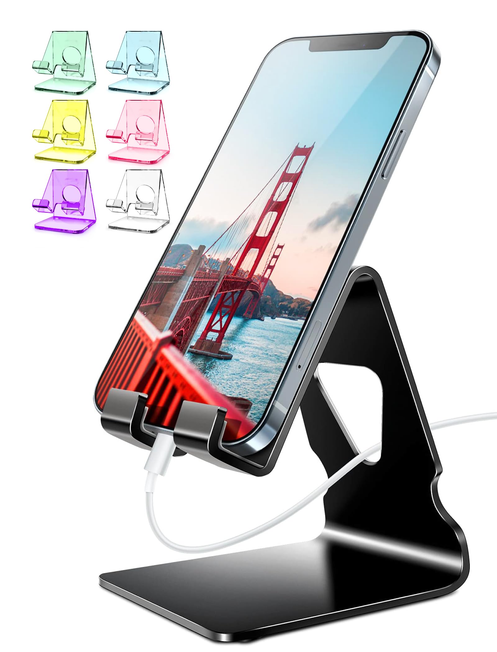 Premium Metal Phone Stand for Desk - Cable Organizer for iPhone 16/15 Pro Max & All Smartphones - Perfect for Office & Bedside Use