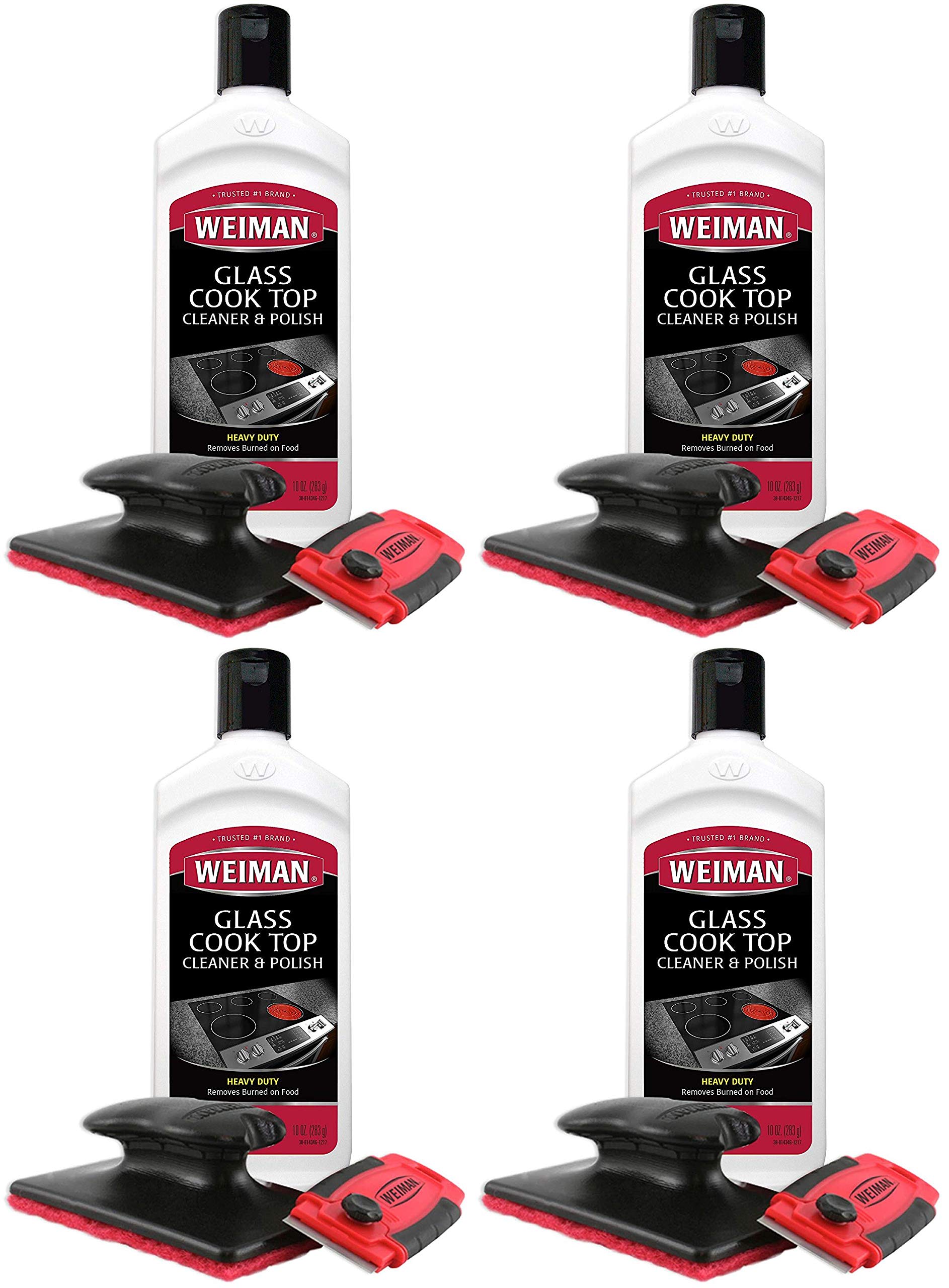 Weiman Cooktop Cleaner Kit - 10 oz Glass Stove Top Cleaner & Polish with Scrubbing Pad, Razor Scraper (4-Pack) - Removes Burnt-On Food & Stains for Electric & Induction Cooktops