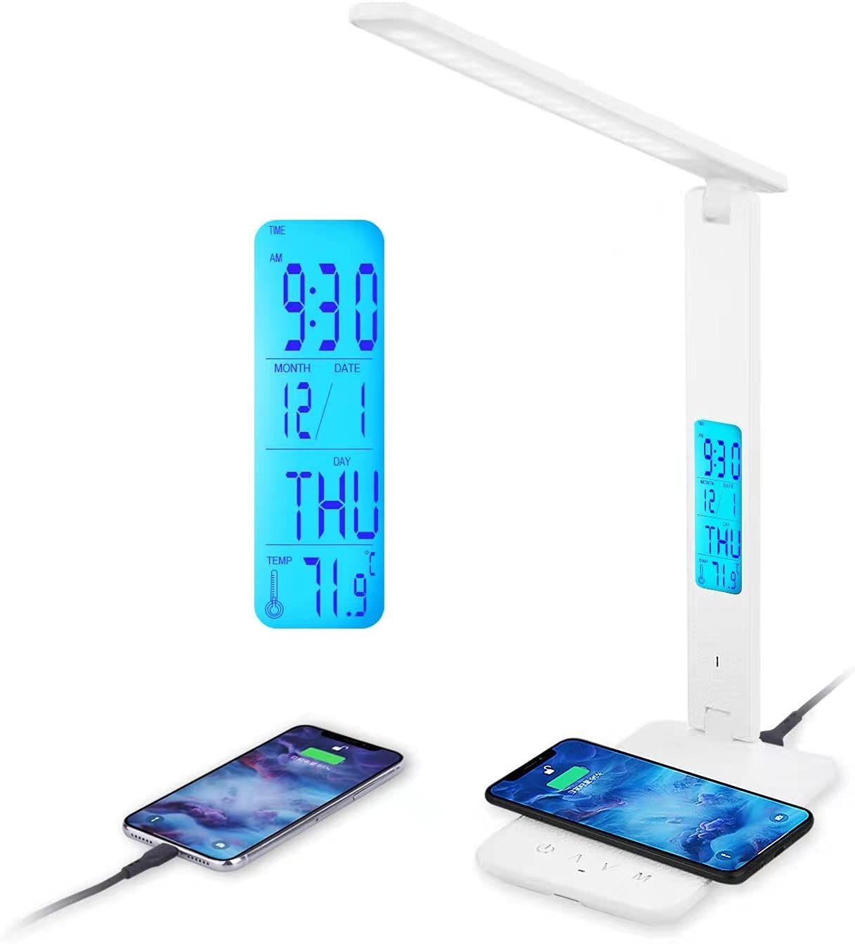Premium LED Desk Lamp with Wireless Charger & USB Port - 3 Lighting Modes, 5 Brightness Levels, Foldable Design - Built-in Clock, Alarm, Date & Temperature Display - Eye-Caring Light for Home Office, Study, Reading & Nightstand Use
