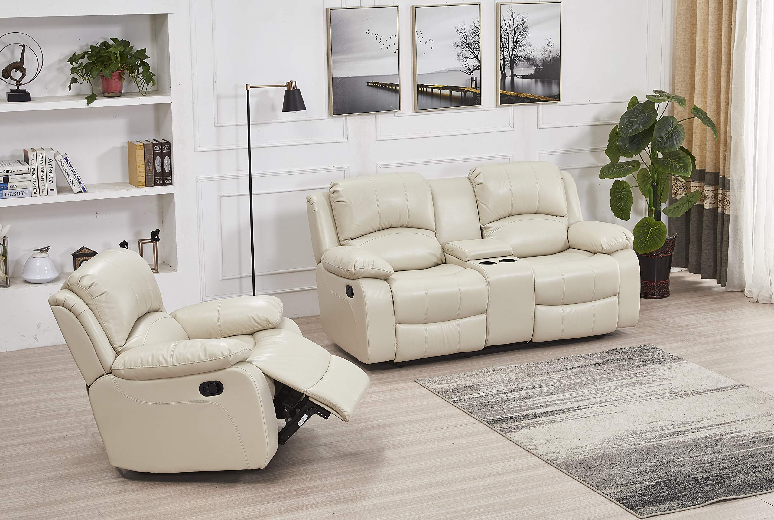Betsy Furniture 2-Piece Bonded Leather Recliner Set - Loveseat & Chair 8018 in Beige for Living Room, Home Theater, or Family Room Comfortable Seating
