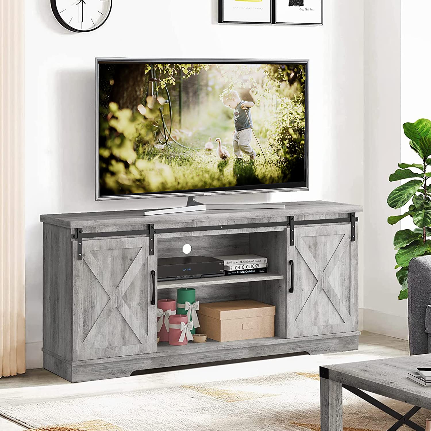 Farmhouse TV Stand for 65 Inch TV - Rustic Entertainment Center with Sliding Barn Doors & Movable Shelf, 58 Inch Wooden TV Console Table for Living Room, Grey - Perfect for Farmhouse, Rustic & Modern Home Decor