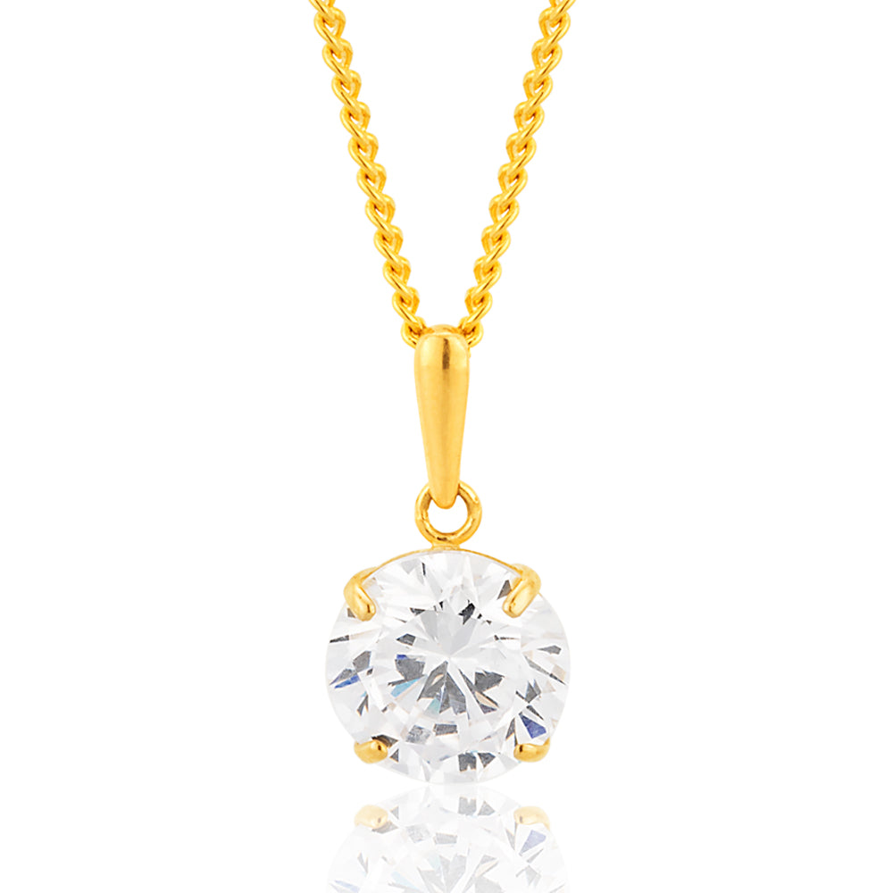9ct Yellow Gold 8mm Brilliant Cut Cubic Zirconia Pendant Necklace - Elegant Jewelry Gift for Women, Perfect for Weddings, Anniversaries & Special Occasions