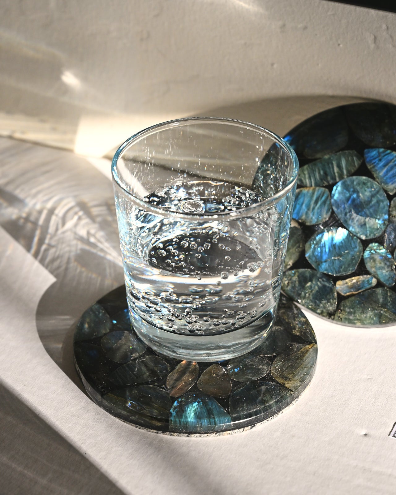 Natural Labradorite Stone Coaster Set - 4-Piece Hexagonal Drink Coasters for Home & Office Decor, Perfect for Protecting Tables from Hot & Cold Beverages
