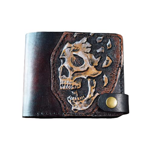 3D Carved Genuine Leather Biker Wallet for Men - Handmade Skull & Skeleton Design Customizable Personalized Tooled Airbrush Art Wallet - Perfect for Motorcycle Riders, Gift Giving & Everyday Use