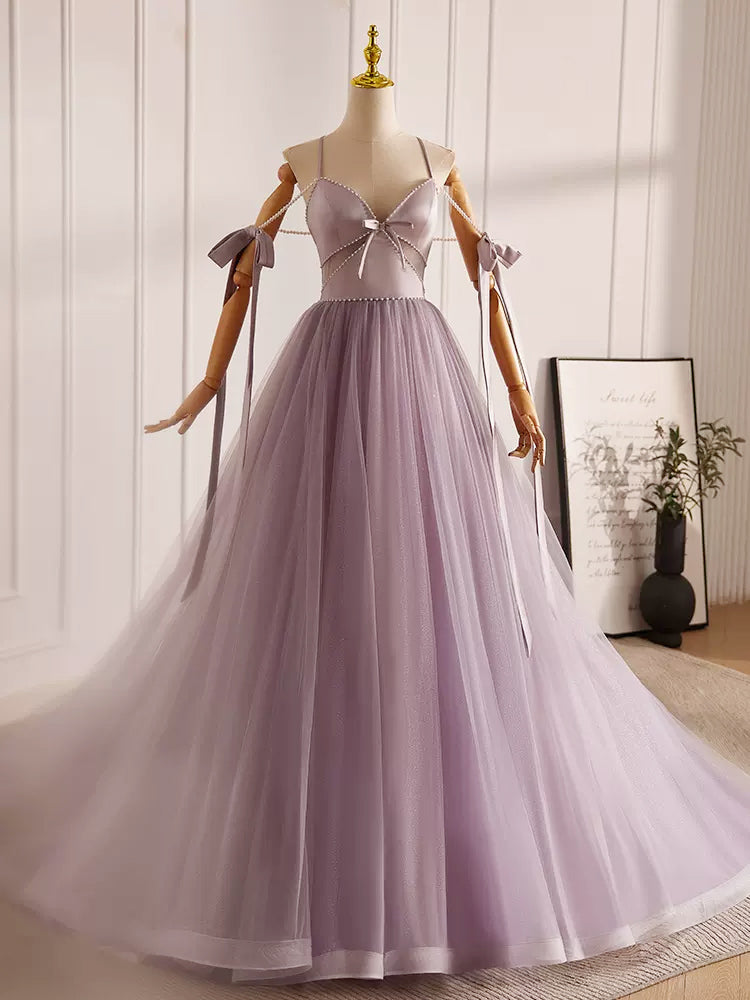 Elegant A-Line V-Neck Tulle Beaded Purple Long Prom Dress for Women - Perfect for Formal Dances, Evening Galas & Special Occasions