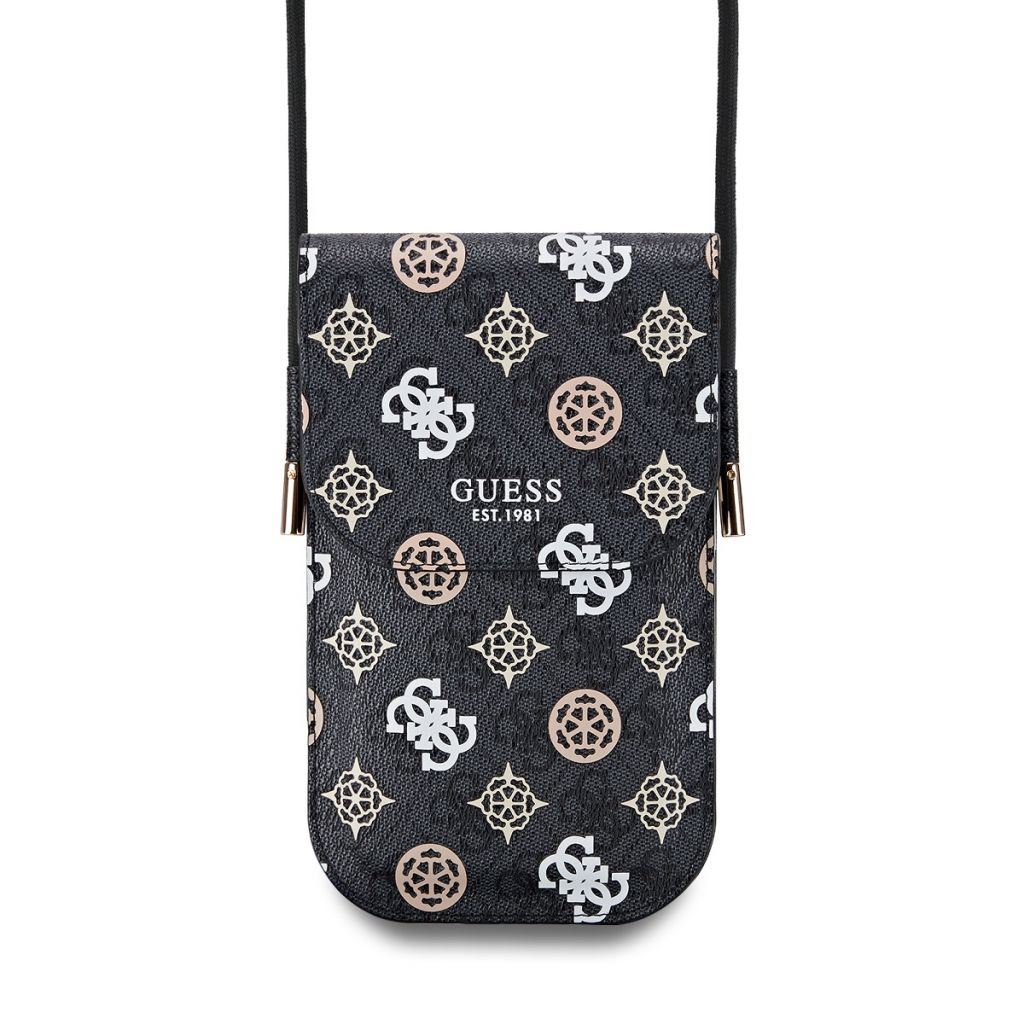 Guess PU 4G Peony Print Multicolor Crossbody Phone Pouch with Adjustable Strap & Card Slots - Black (GUOWBP4PEWPK) - Perfect for Travel, Shopping & Everyday Use