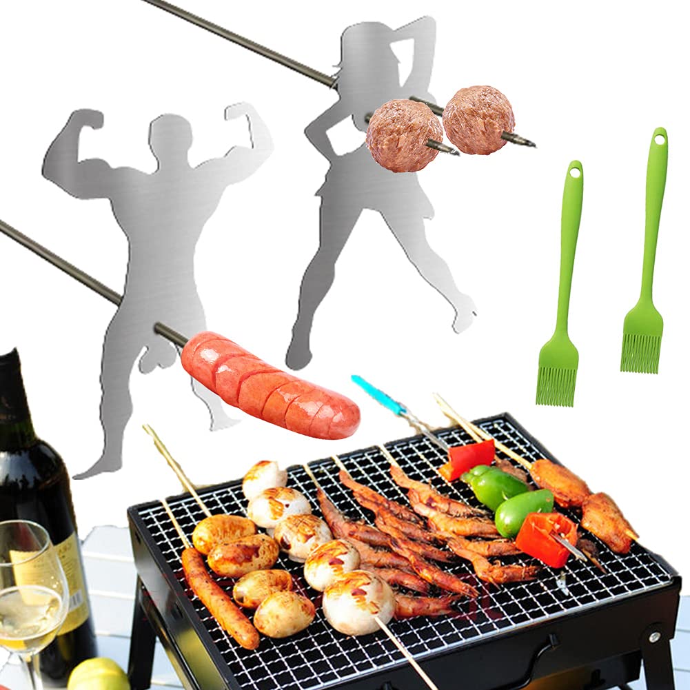 Supower 2021 Stainless Steel Campfire Skewer Sticks - BBQ Forks for Bonfire, Grill & Outdoor Cooking - Durable Roasting Sticks for Camping, Picnics & Backyard Parties (Funny Man & Woman Design)