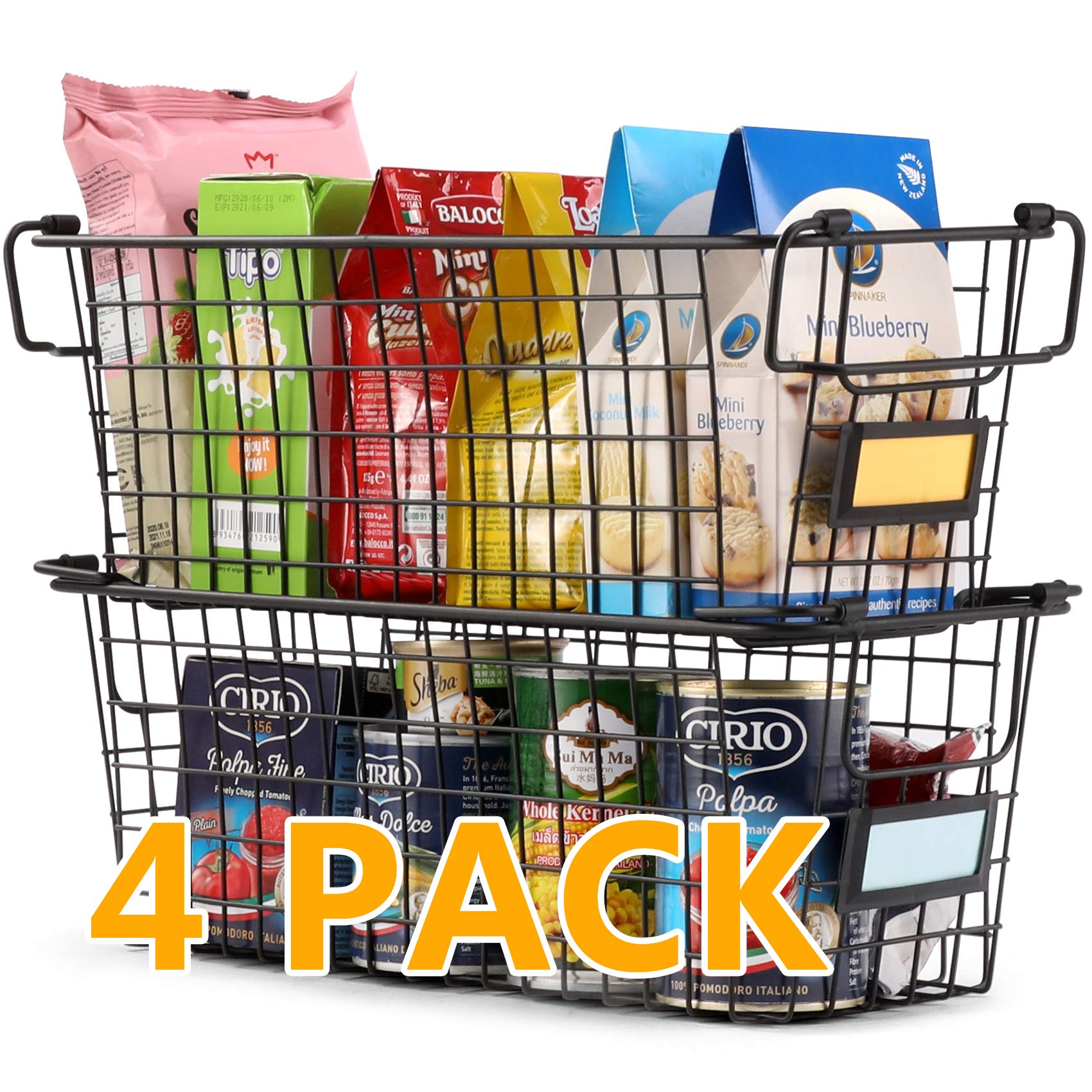 4 Pack Extra Large Stackable Wire Baskets - Metal Storage Bins for Pantry, Kitchen, Bathroom & Closet Organization - Perfect for Fruits, Vegetables, Food Storage & Under Sink Organization - Ideal for Home, Office & Commercial Use