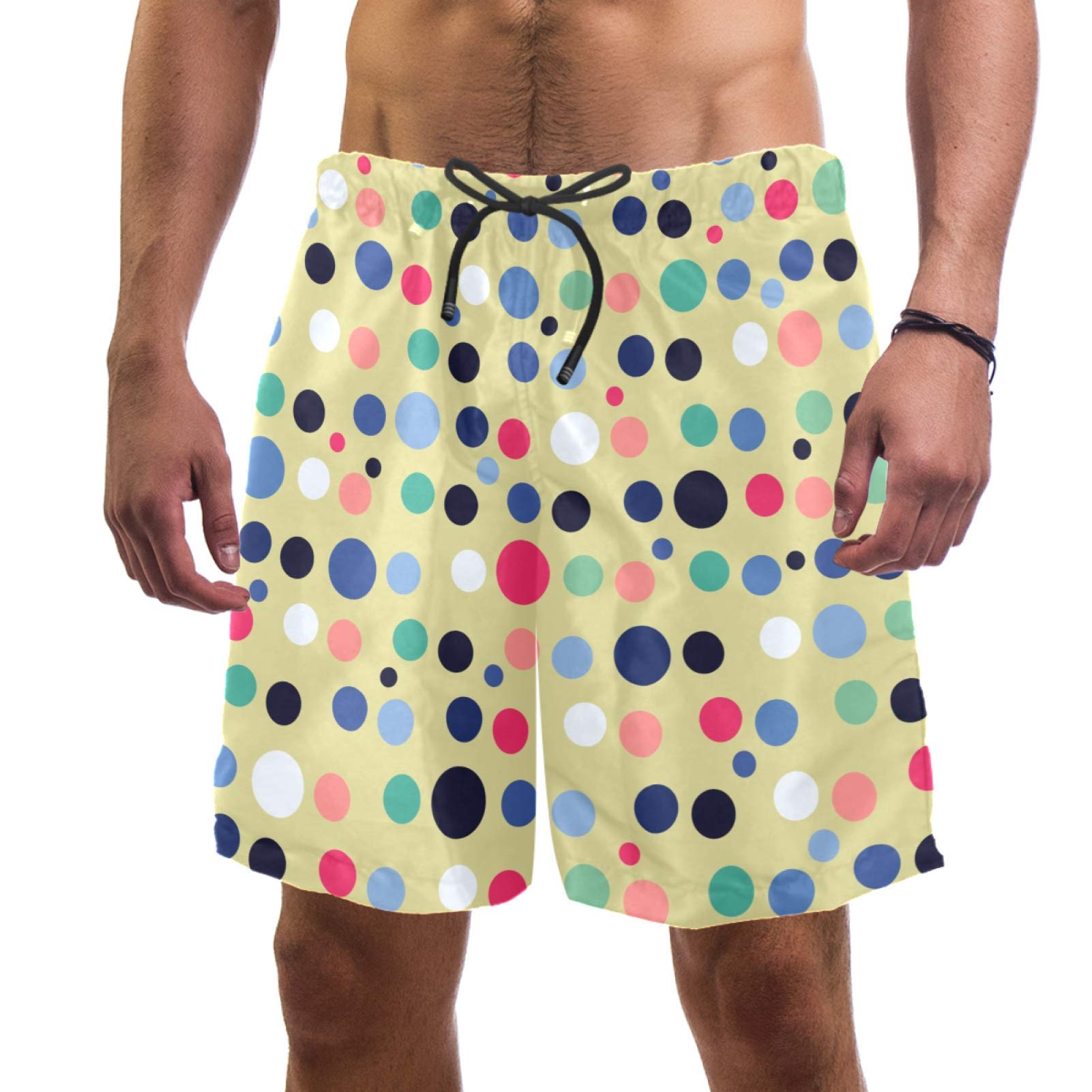 Happy Colorful Dot Pattern Men's Beach Swim Trunks - Elastic Waist Quick-Dry Board Shorts for Swimming, Surfing & Summer Vacation