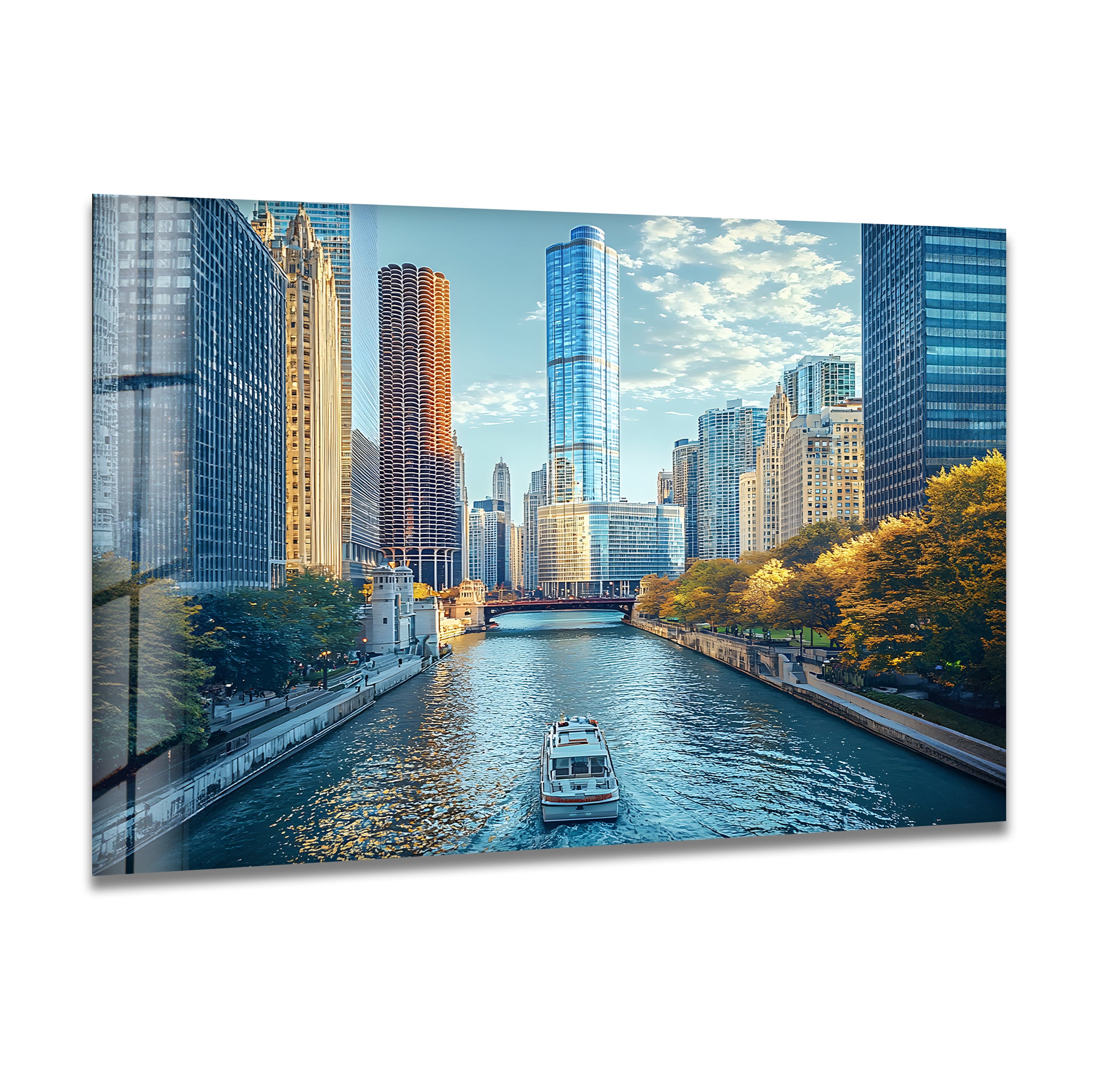 Blue Chicago City Art Glass Wall Art - Handmade Stained Glass Decor for Home & Office - Perfect for Living Room, Bedroom, and Gift Giving