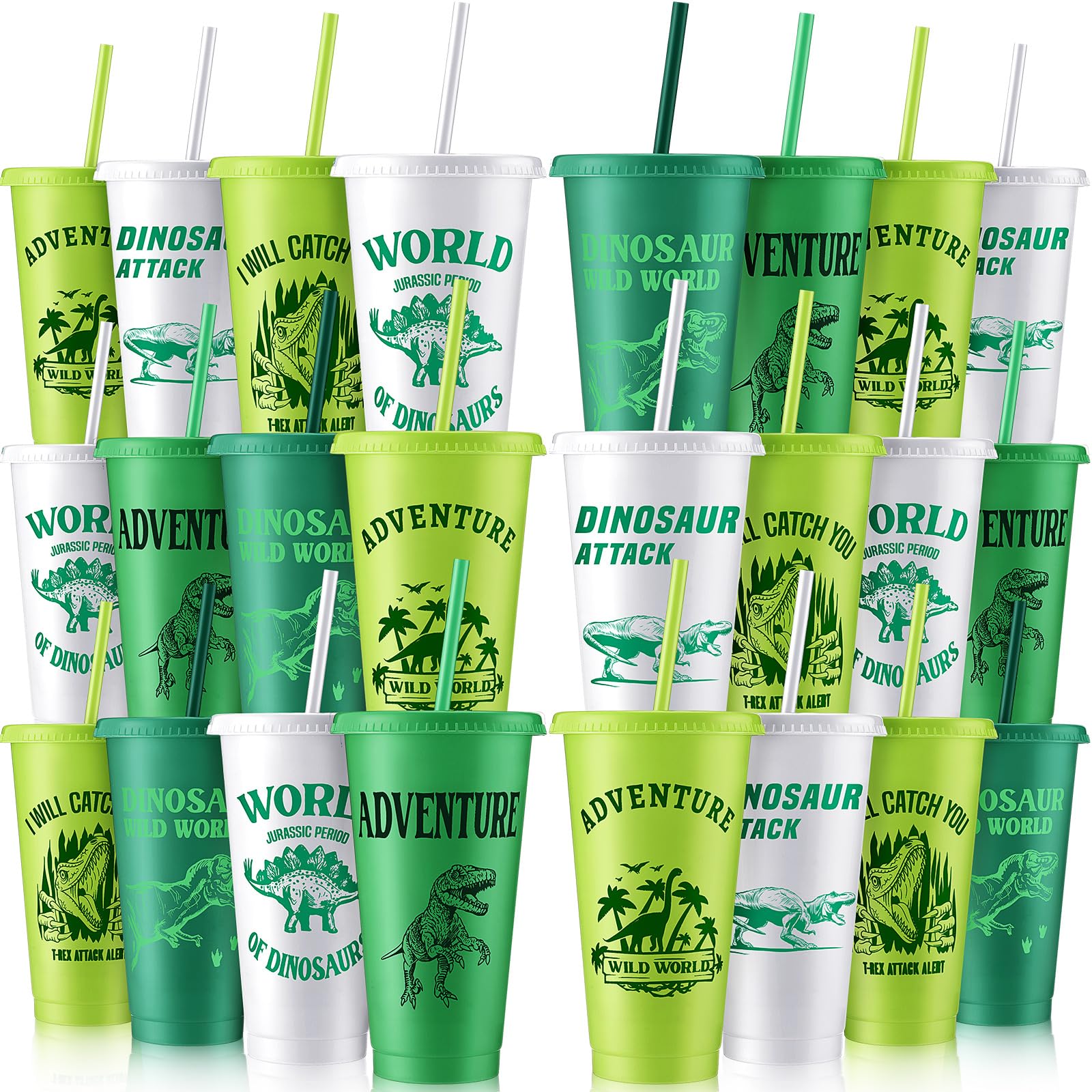 24-Pack Dinosaur Themed Reusable Plastic Cups with Lids & Straws - 24oz Kids Party Cups for Birthday, Baby Shower & Dino Decorations - BPA-Free Dinosaur Drinkware Set (Green) - Perfect for Jurassic Parties, Kids Events & Themed Beverage Stations