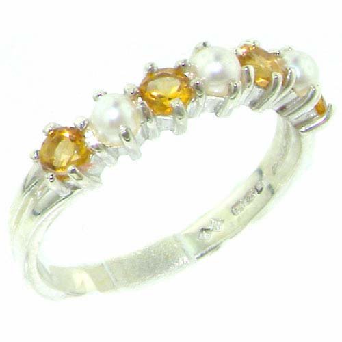 10K White Gold Cultured Pearl & Citrine Women's Eternity Ring - Elegant Wedding Band, Anniversary Gift for Her, Perfect for Bridal Jewelry and Special Occasions