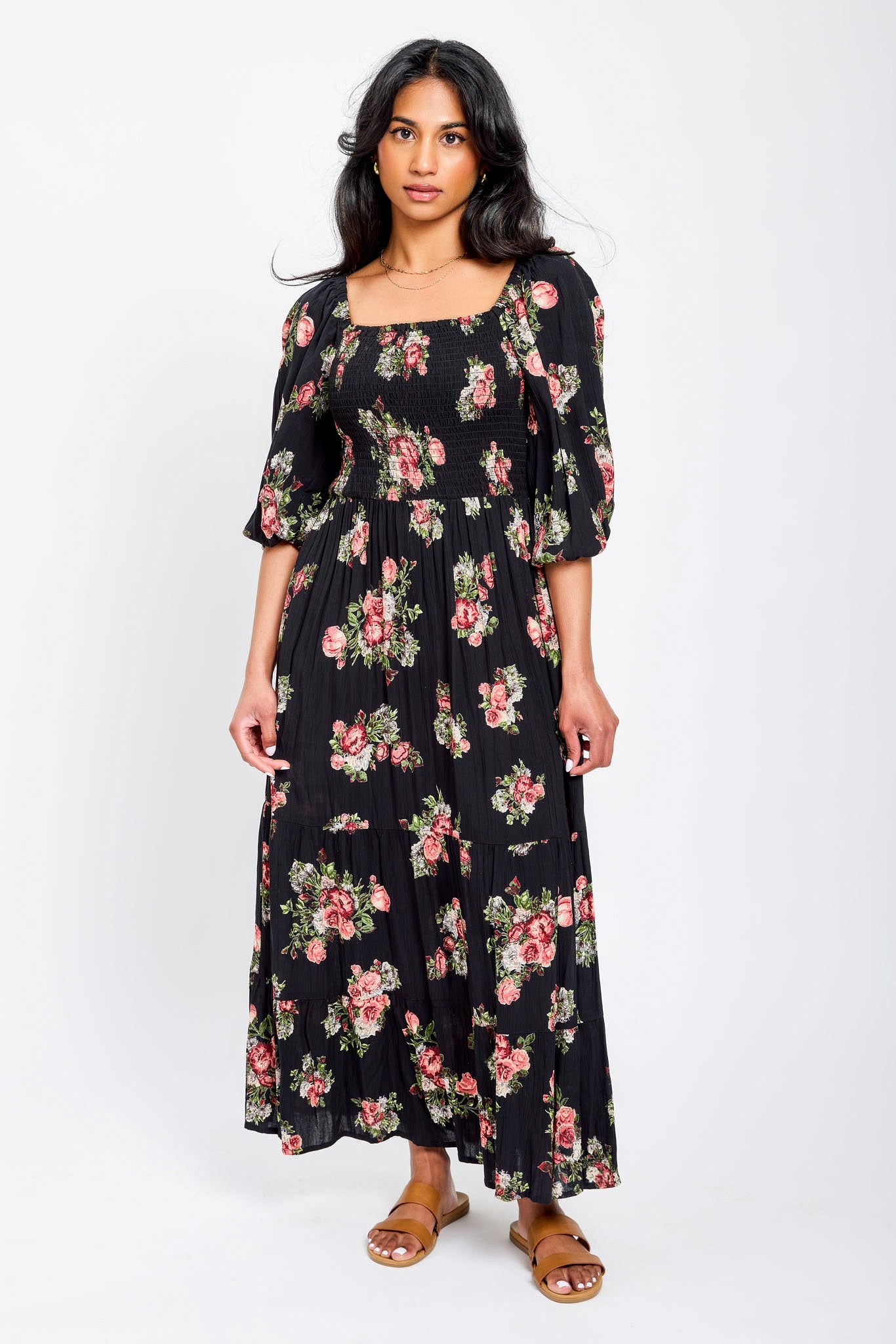 Floral Smocked Balloon Sleeve Maxi Dress for Women - Summer Boho Beach Wedding Guest Dress with Elastic Waist & Ruffle Hem
