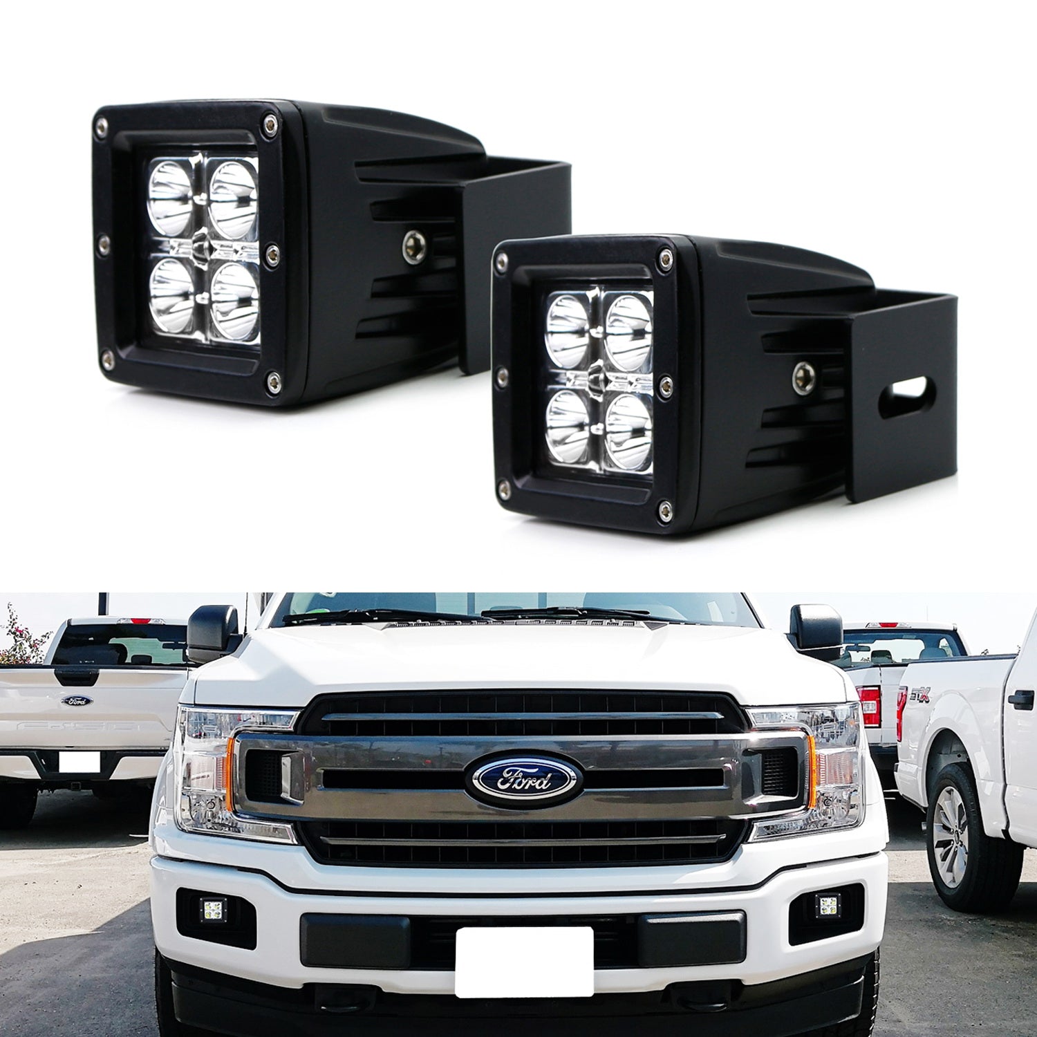 3 Inch 2x2 LED Pod Lights with Fog Light Opening Mount & Wiring Kit - Compatible with Ford F150 F250 F350 Trucks - Perfect for Off-Roading, Night Driving & Foggy Conditions