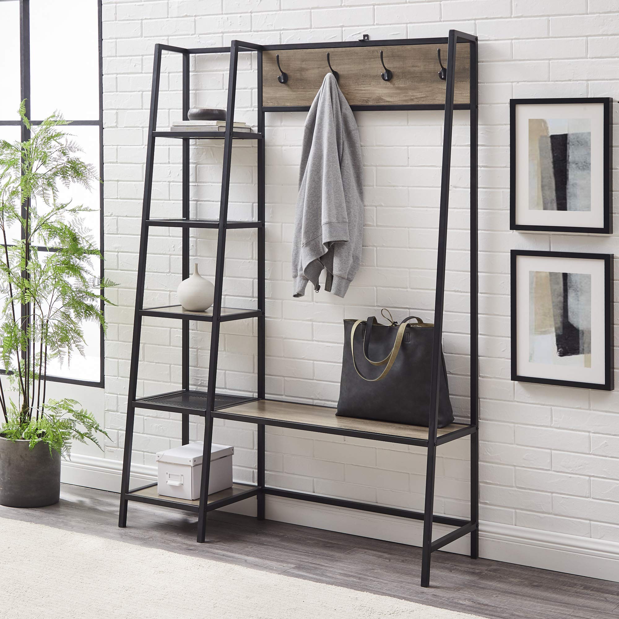 Walker Edison 5-Shelf Entryway Bench with Coat Rack & Shoe Storage - 72 Inch Grey Hall Tree Organizer for Mudroom, Hallway & Entryway Organization