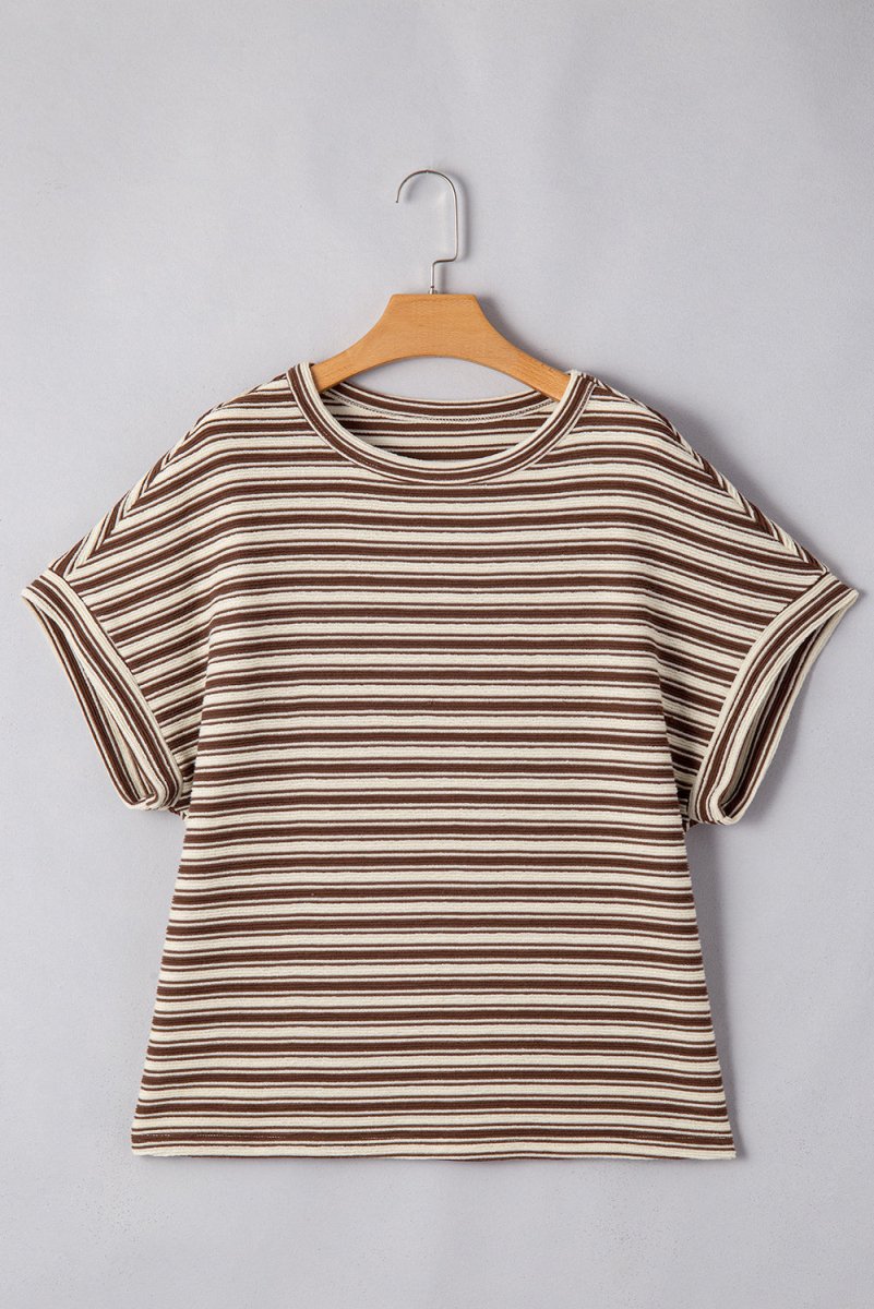 Women's Brown Striped Textured Side Slit Crew Neck T-Shirt - Casual Everyday Wear & Street Style Outfits