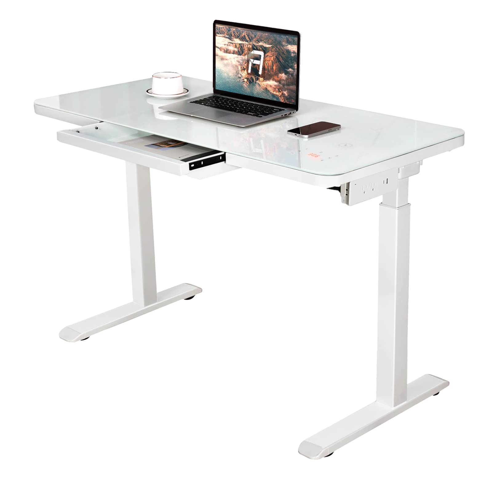 AIMEZO 45 x 23 Inches Height Adjustable Standing Desk with Tempered Glass Top - Modern Ergonomic Home Office Desk with Drawers - Perfect for Work from Home, Study & Gaming (White)