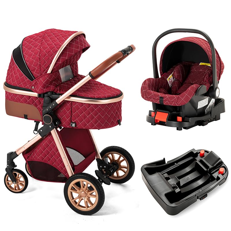 Premium Baby Stroller with Infant Car Seat & Detachable Bassinet - Lightweight Travel System for Newborns (Red with Base) | Perfect for Shopping, Park Walks & Family Outings