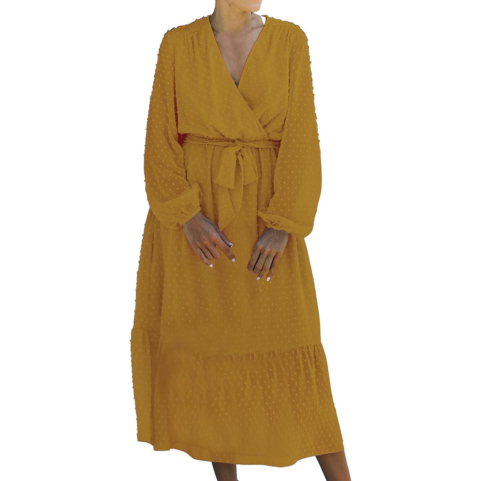 Women's Summer Casual Dresses - V-Neck Long Sleeve Polka Dot & Solid Color Loose Fit Dress for Women | Perfect for Beach Vacation, Date Night and Office Wear