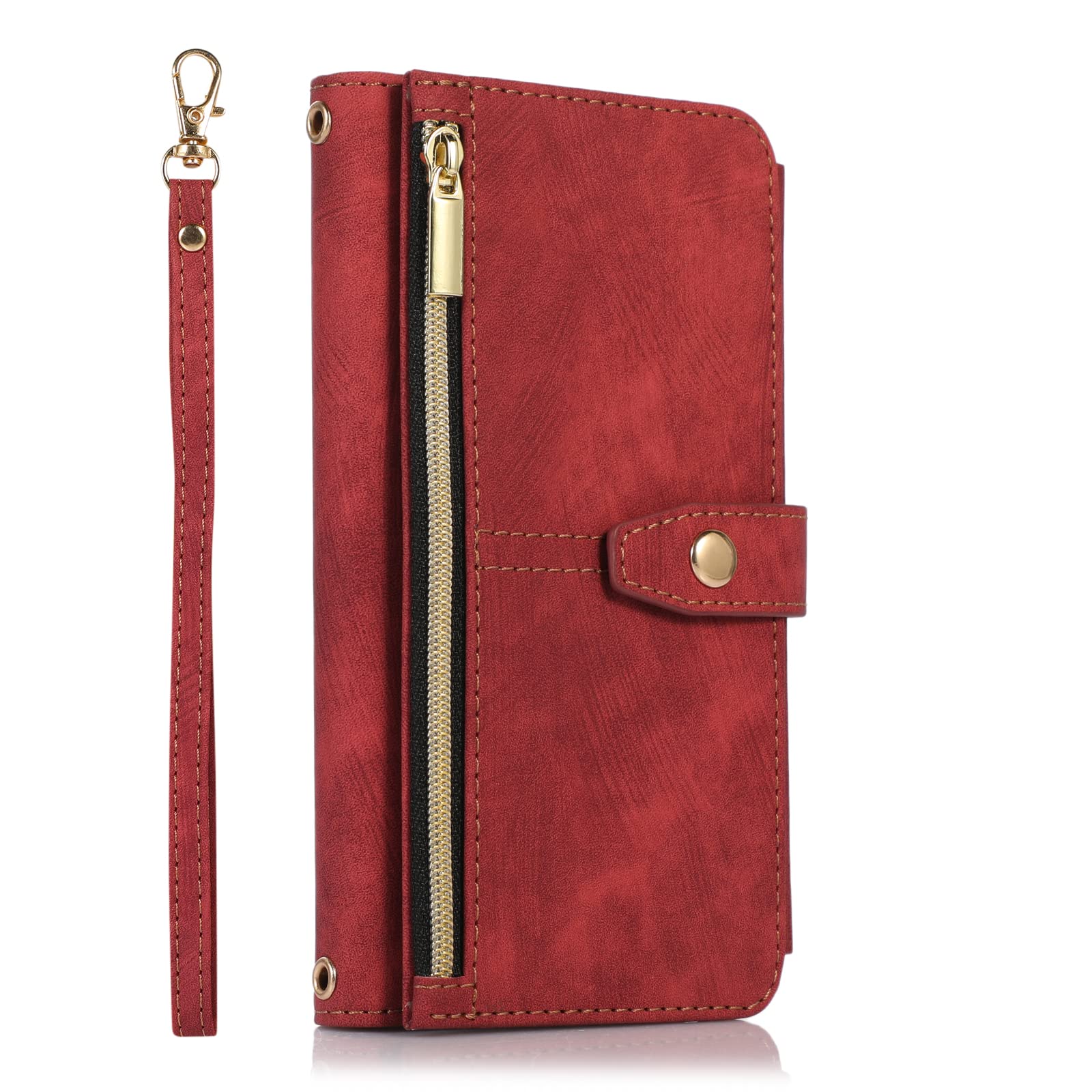 Premium Zipper Leather Wallet Case with Wrist Strap for iPhone SE 2022/2020/iPhone 7/iPhone 8 - Flip Cover Phone Case (Red) | Perfect for Daily Use, Travel & Hands-Free Convenience