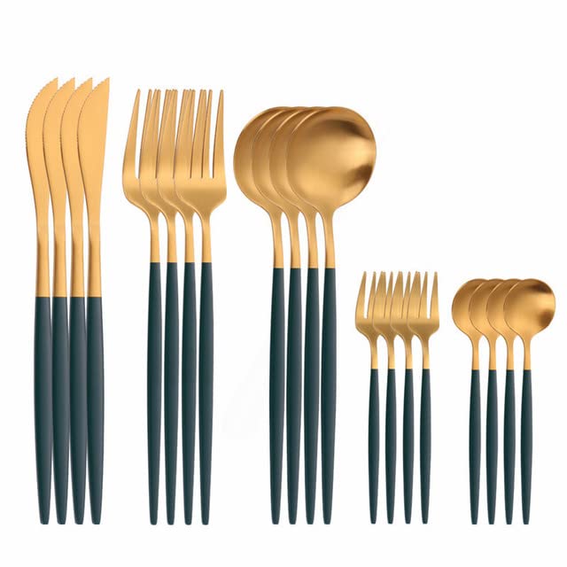Premium Stainless Steel Silverware Set - 20-Piece Matte White Gold Cutlery Set with Forks, Spoons & Knives | Elegant Dinnerware for Home, Restaurant & Special Occasions | Durable Kitchen Utensils for Daily Use & Entertaining (Mgreen Gold)