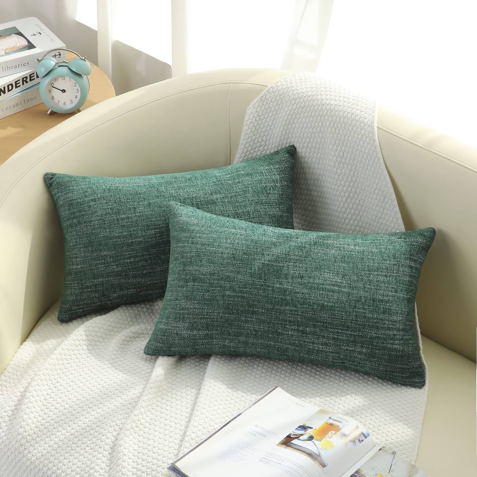 decorUhome Decorative Throw Pillow Covers 12x20 Set of 2 - Soft Chenille Lumbar Farmhouse Pillow Cases for Couch, Sofa, Bed - Dark Green Home Decor for Living Room, Bedroom & Nursery