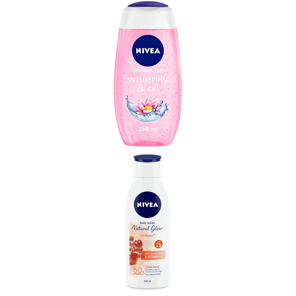 NIVEA Shower Gel & Body Lotion Set - Water Lily & Oil Body Wash (250ml) + Extra Whitening Lotion (200ml) for Women | Hydrating & Brightening Skincare Routine for Daily Bath & Moisturizing