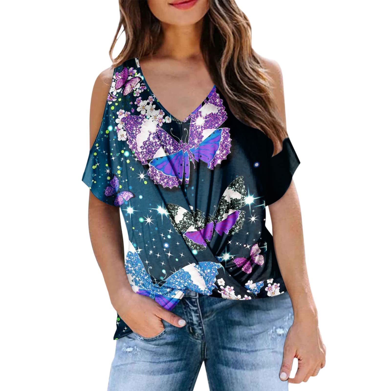 Women's Summer Cold Shoulder Tops - Short Sleeve V Neck Twist Knot T-Shirts & Draped Blouses for Casual Wear, Beach Outfits, and Date Nights