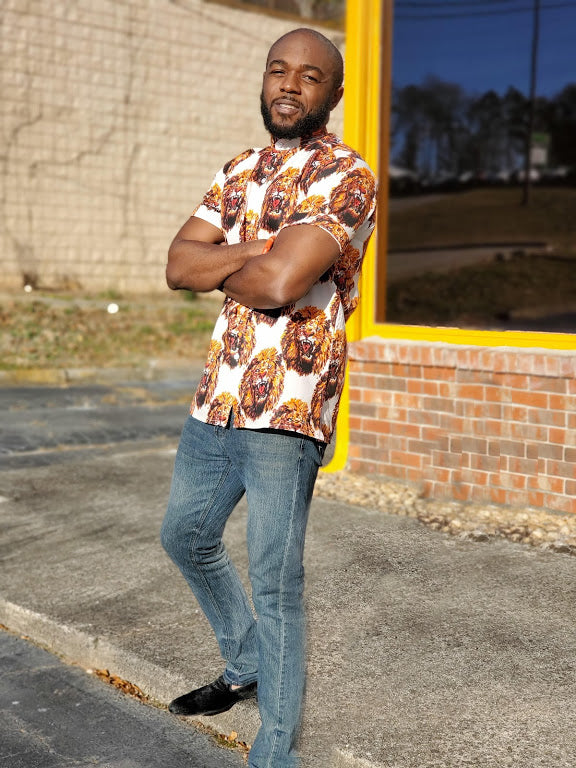 African Lion Head Bishop Collar Button Down Shirt DPIS506 - Stylish Casual Wear for Men, Perfect for Parties, Weddings & Office