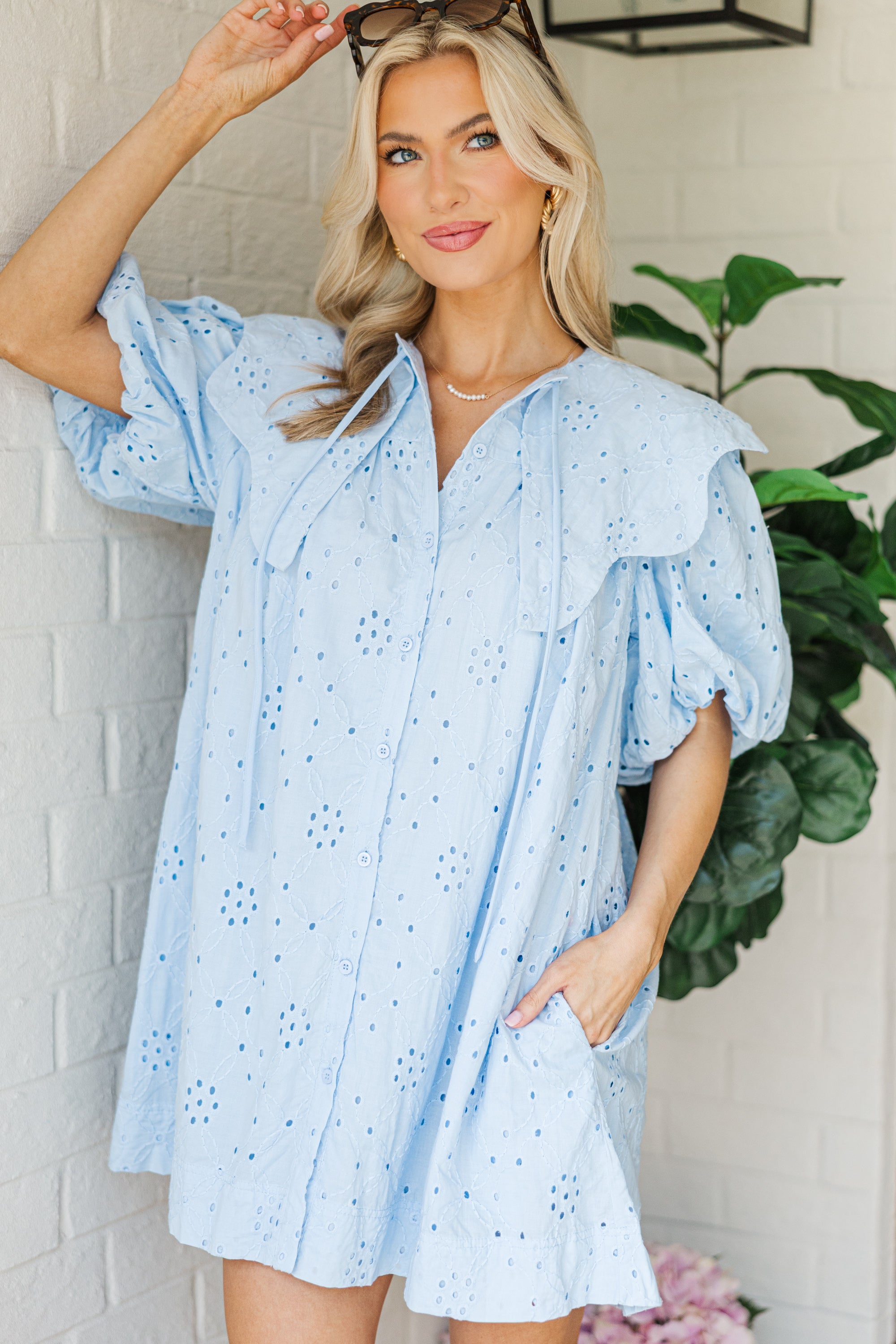 Aureum Sweet Energy Light Blue Eyelet Dress - Floral Summer Dress for Women, Perfect for Beach, Party & Casual Wear