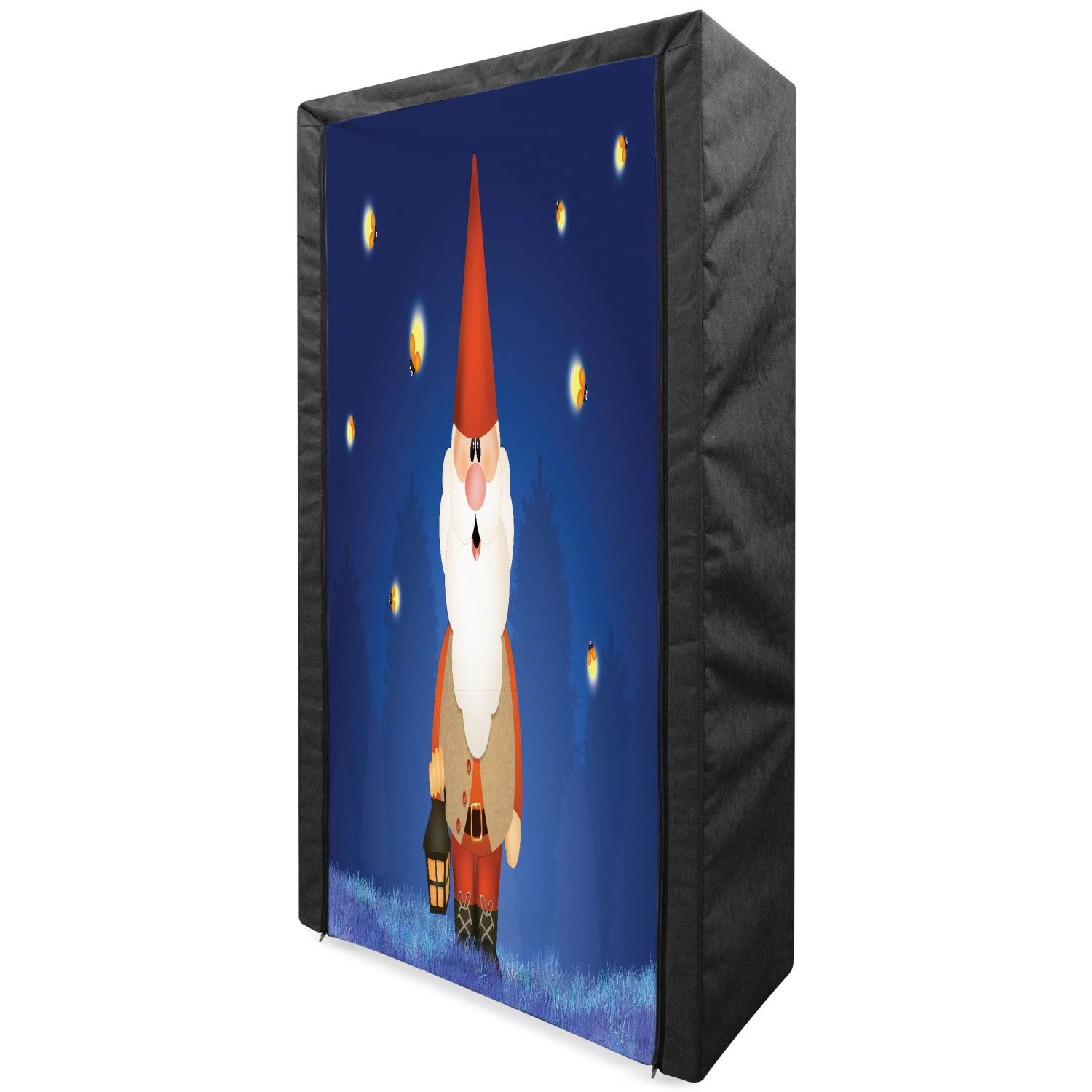 Ambesonne Portable Fabric Wardrobe with Shelves - Funny Garden Gnome & Fireflies Design, 33.5 Inch Navy Blue & Scarlet Clothing Organizer - Perfect for Bedroom Storage, Dorm Room Organization, and Travel Closet