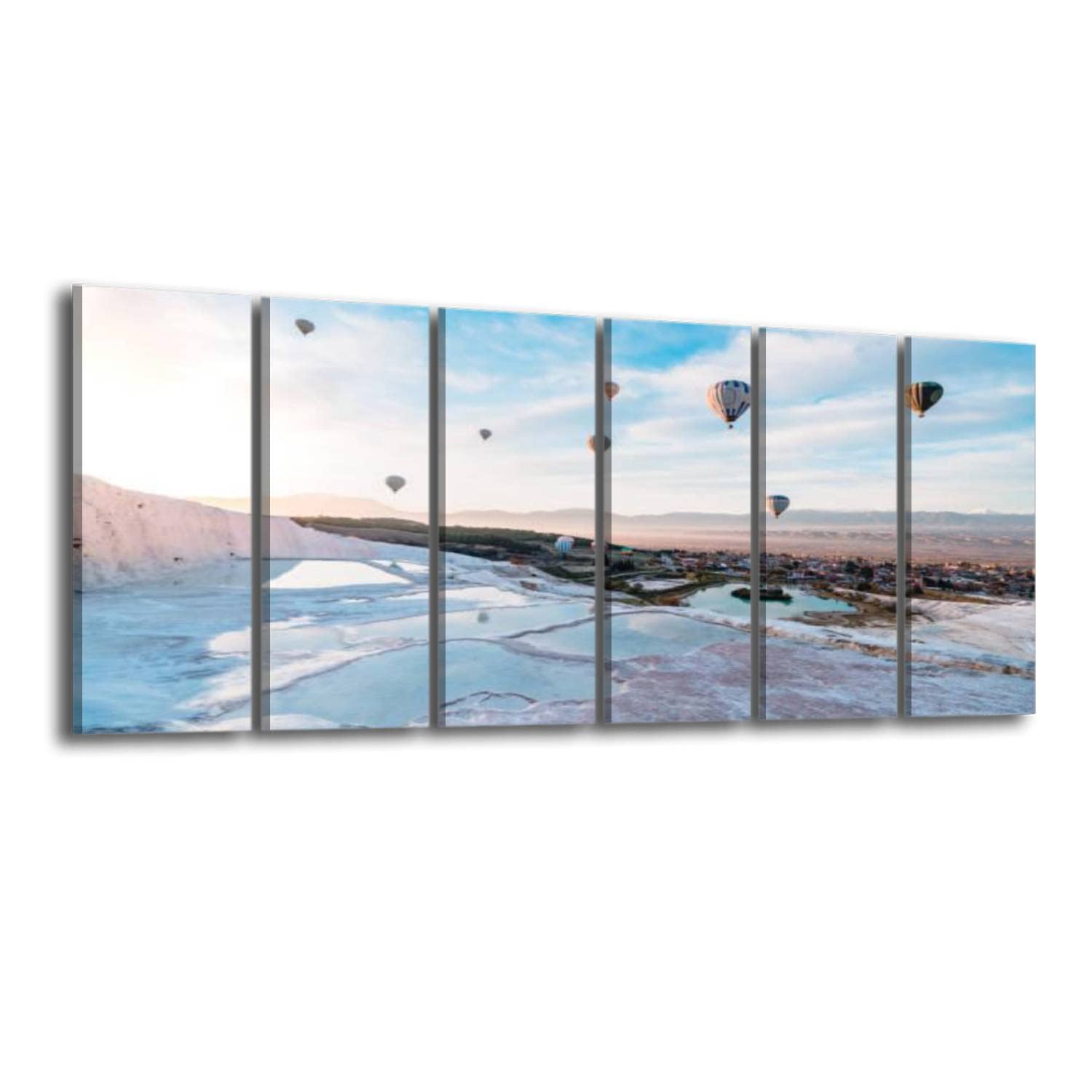 6 Panels Framed Canvas Wall Art - Stunning Sunrise Hot Air Balloons Over Travertine Pools & Limestone Terraces - Modern Home Decor for Living Room, Bedroom, Office - Large Size Ready to Hang Wall Painting