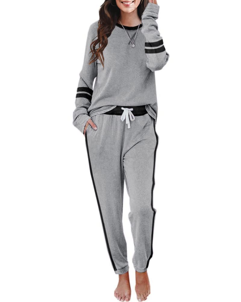 Imesrun Women's Two Piece Lounge Set - Striped Long Sleeve Oversized Sweatshirt & Drawstring Sweatpants Comfy Outfit | Perfect for Home, Yoga, Travel & Casual Wear