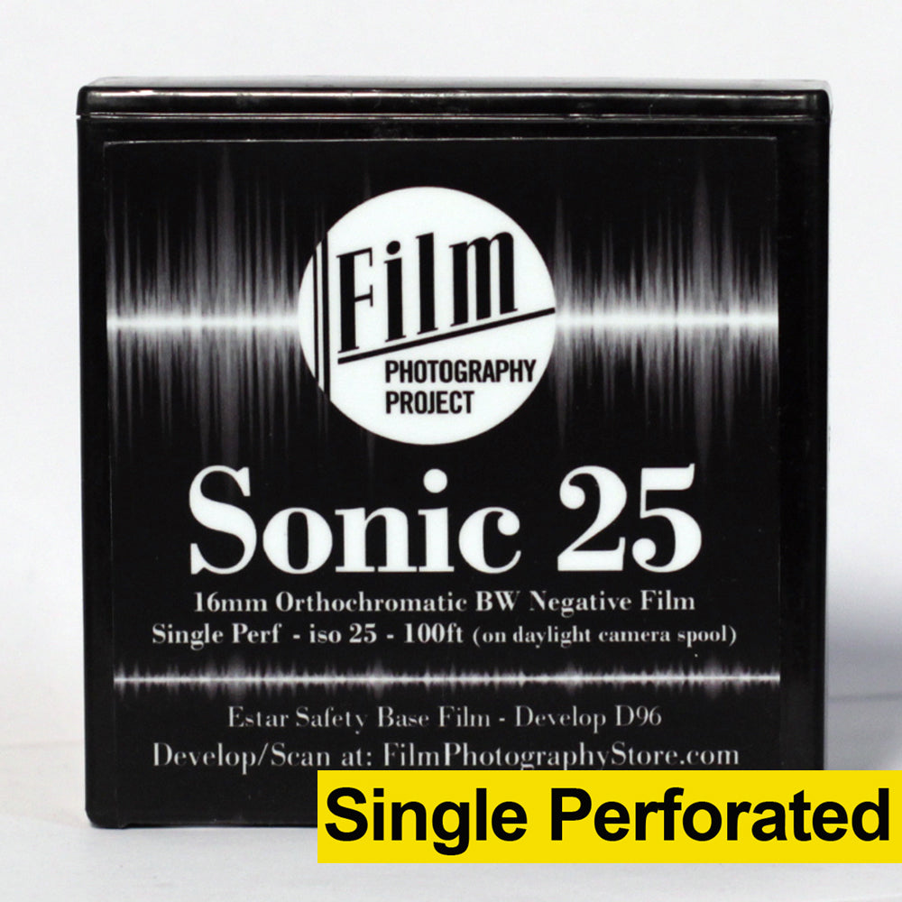 16mm Single Perf Black & White Film Negative - 100 ft Roll (FPP Sonic25) for Classic Cinematography & Analog Photography Projects