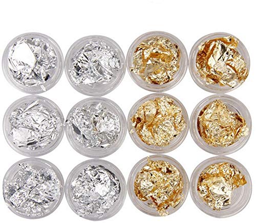YesLady 12-Piece Gold & Silver Nail Art Foil Kit - 3D Glitter Flakes & Aluminum Stickers for Professional Nail Decoration - Perfect for DIY Manicures, Salon Nail Art, and Special Occasion Designs