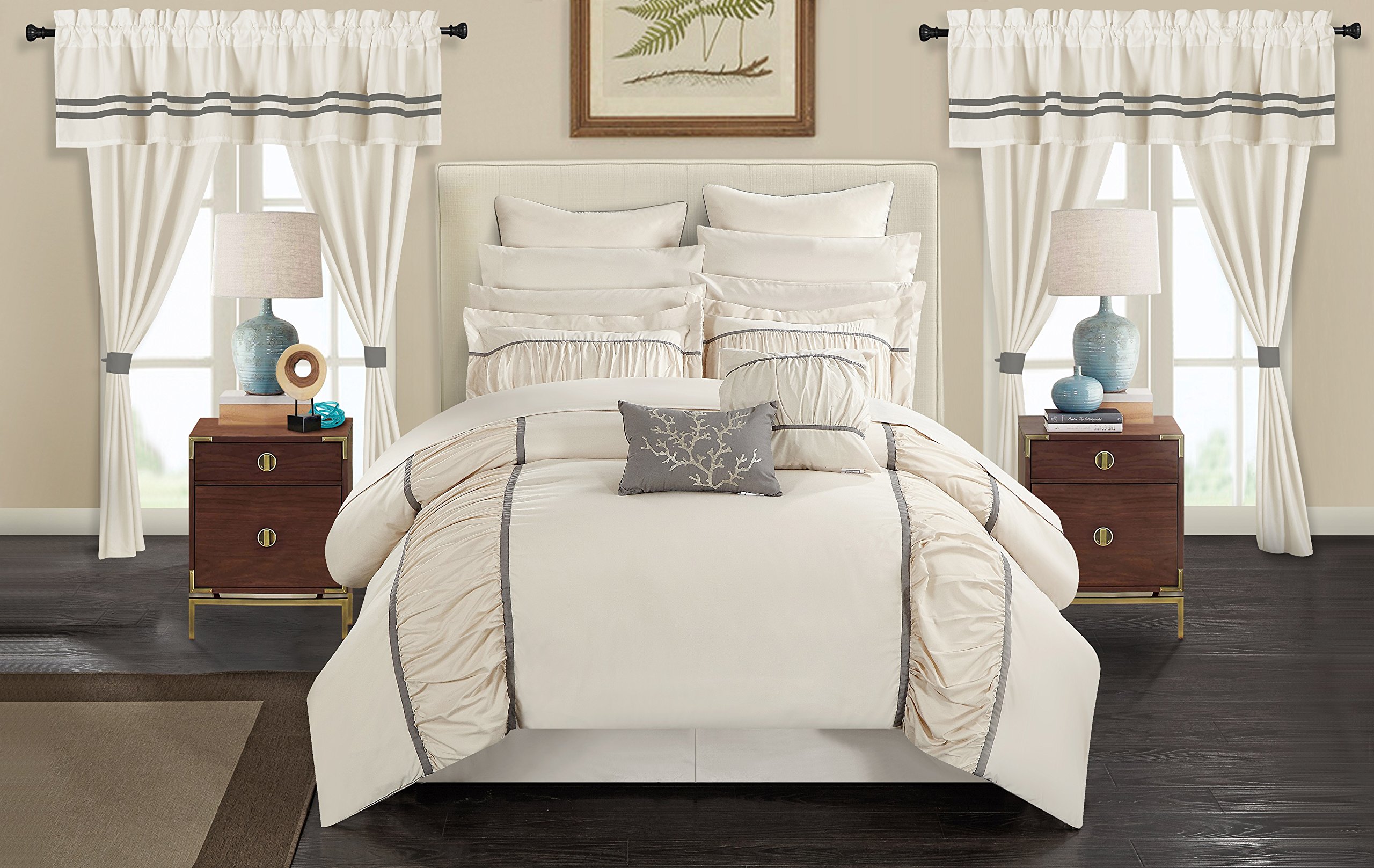 Stylish Mayan 24-Piece Queen Size Bed in a Bag Comforter Set - Off White | Soft & Cozy Bedding Collection for Master Bedroom, Guest Room & Dorm Decor