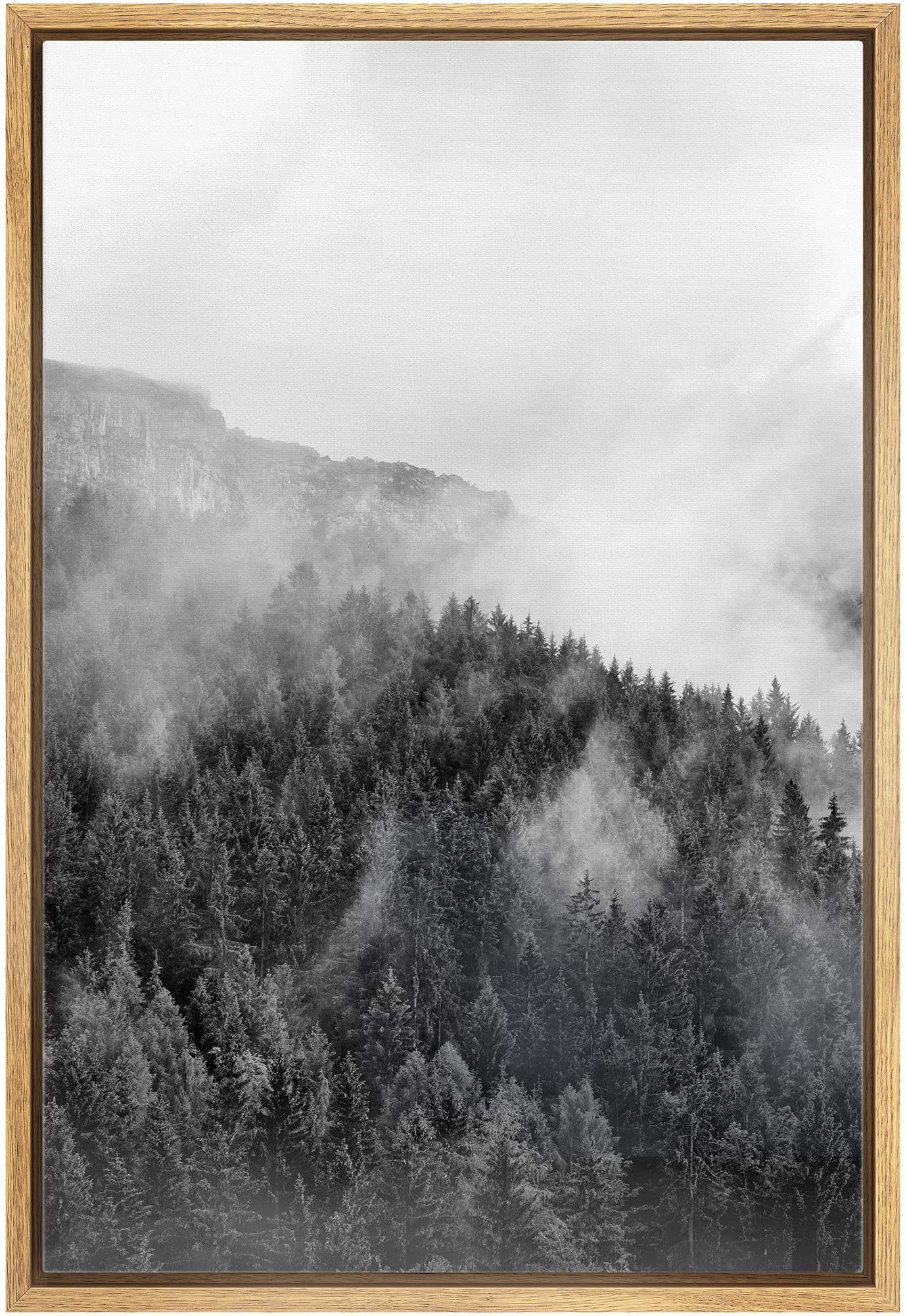 IDEA4WALL Framed Canvas Print - Black & White Mountain Forest Mist Wall Art, Woodland Nursery Decor, Nature Wilderness Realism, Dramatic Cool Design for Living Room, Bedroom, Office, Dorm, or Study - 16