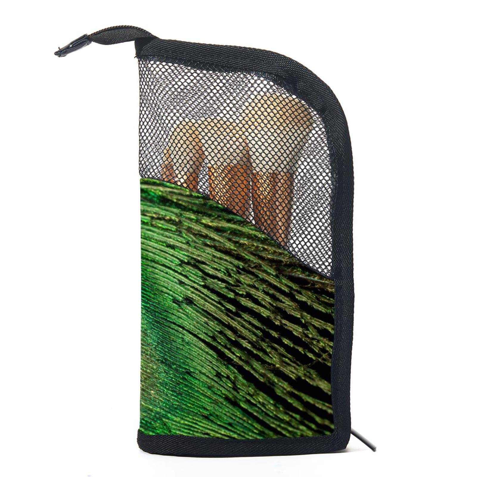 Peacock Feather Makeup Brush Organizer Bag with 12 Brushes - Portable Cosmetic Brush Holder Case for Travel, Home Vanity & Professional Makeup Artists