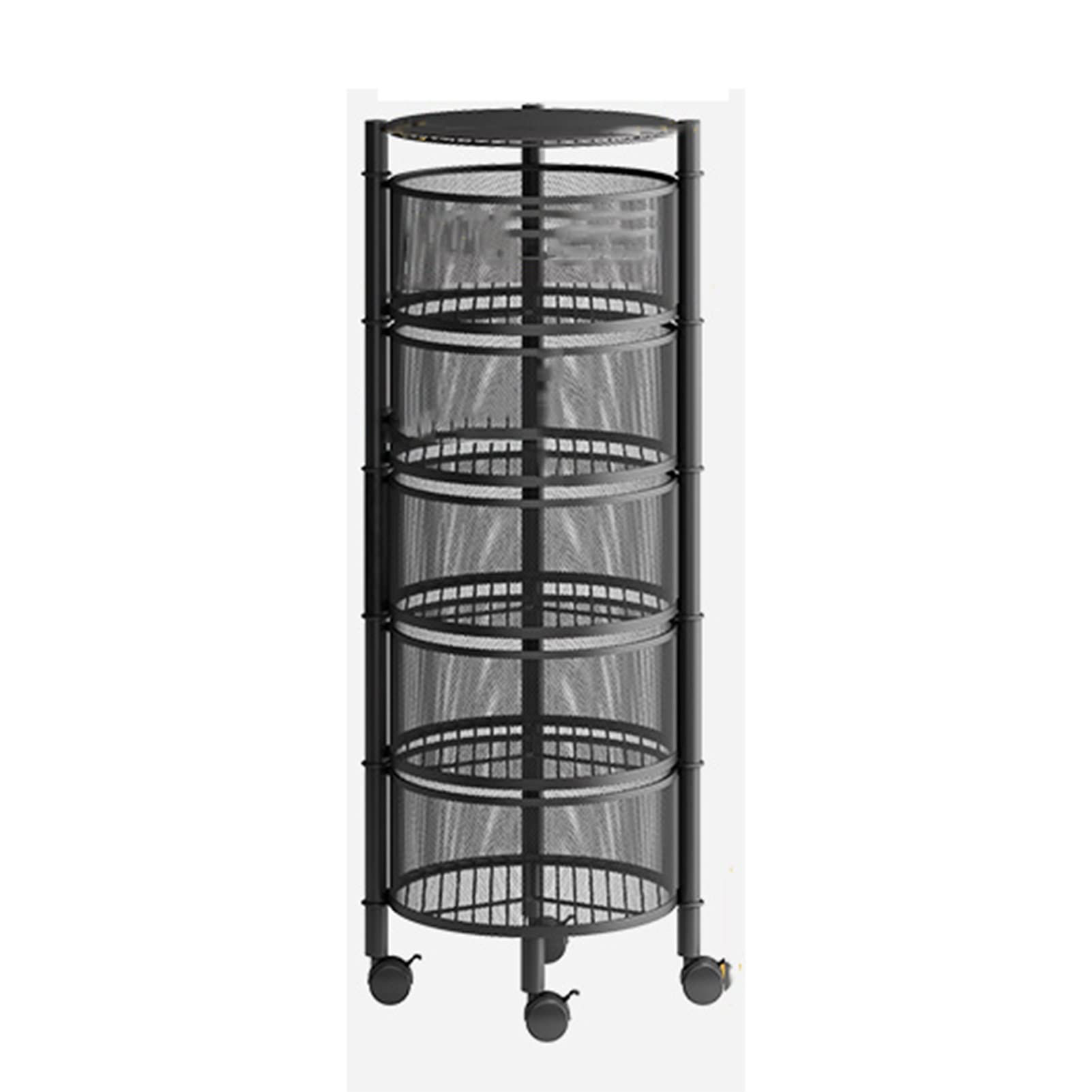 360° Rotating 5-Tier Rolling Fruit Basket with Wheels - Round Layered Kitchen Storage Shelf for Vegetables, Fruits & Organizing - Black Floor-Standing Multi-Layer Rack for Pantry, Dining Room & Small Spaces