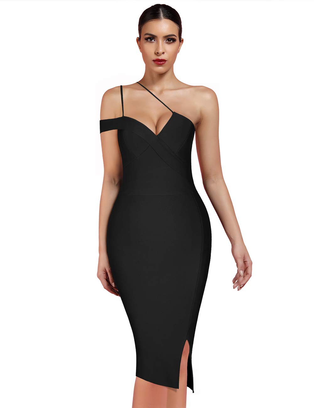 UONBOX Women's Sexy One Shoulder Bandage Dress with High Side Slit & Cut Out Design - Perfect for Celebrity Parties, Nightclub, Date Night and Special Occasions