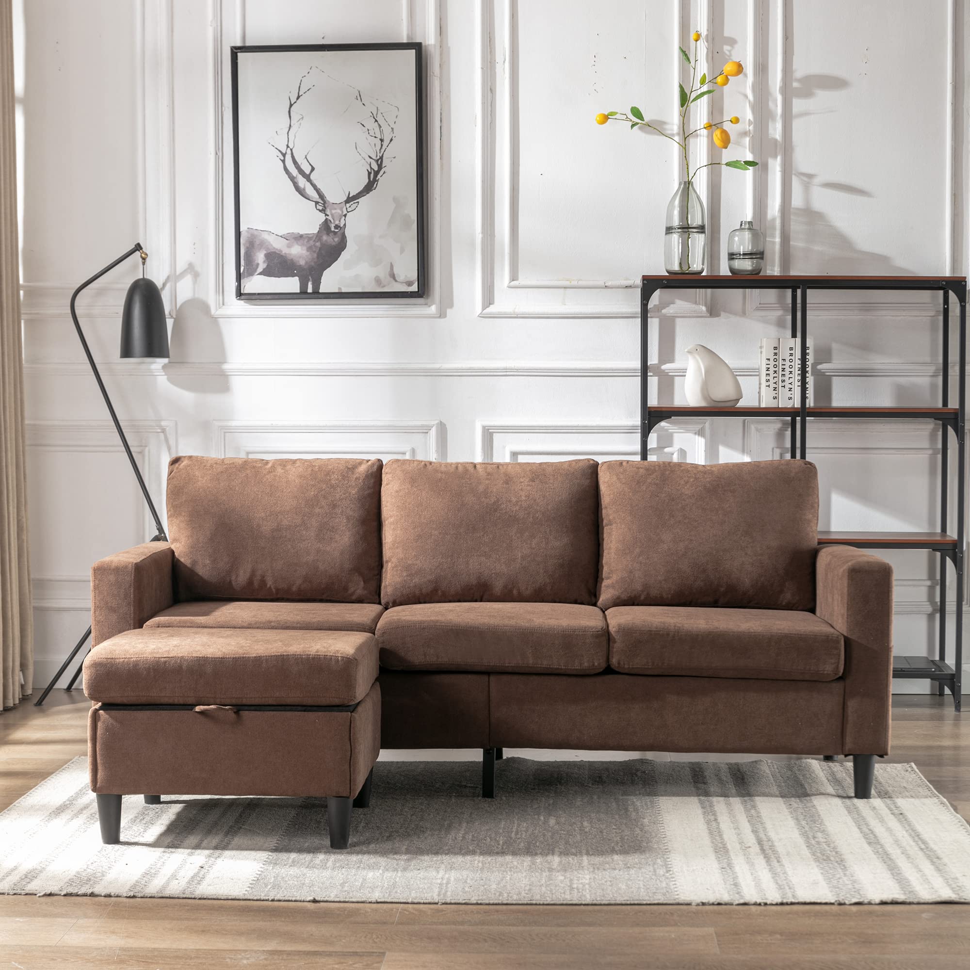 Convertible Sectional Sofa with Storage Ottoman & Side Pocket - Modern Brown L-Shaped Couch for Living Room, Home Theater & Small Spaces - Comfortable & Space-Saving Furniture
