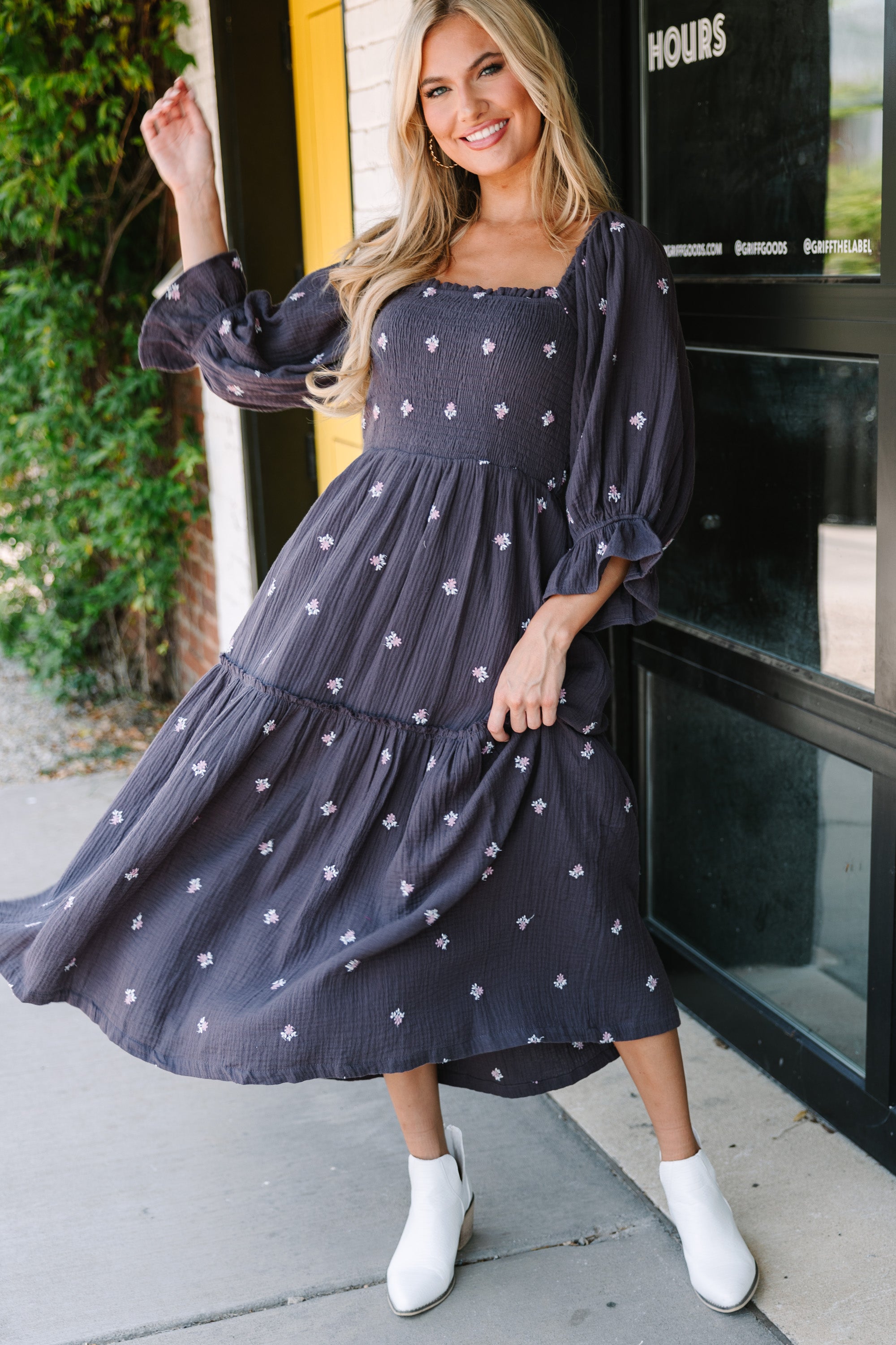 Navy Blue Embroidered Midi Dress for Women - Floral Stitch Detail Casual Summer Dress - Perfect for Beach Vacations, Date Nights & Office Wear