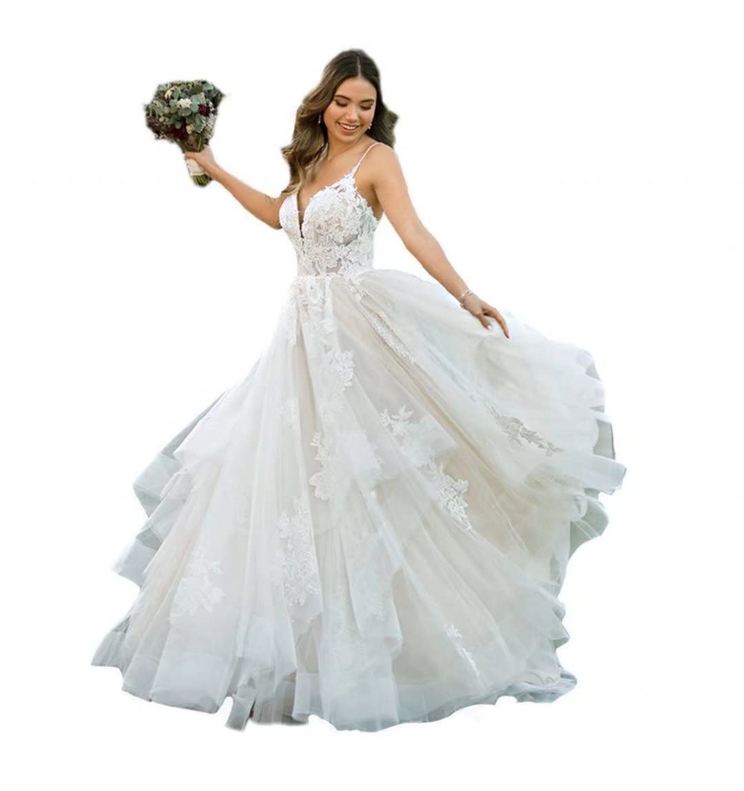 Elegant MQUPIN V-Neck Lace Tulle Wedding Dress with Spaghetti Straps - Boho Beach Ball Gown for Bride 2023 | Perfect for Beach Weddings, Outdoor Ceremonies & Romantic Photoshoots