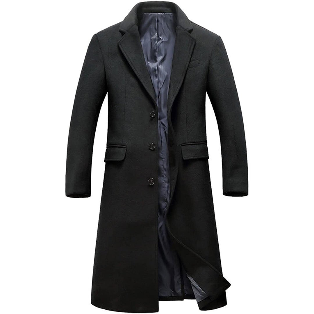 Black Long Trench Coat for Men - Winter Slim Fit Single Breasted Thick Windproof Overcoat | Perfect for Business, Formal Occasions & Cold Weather Protection
