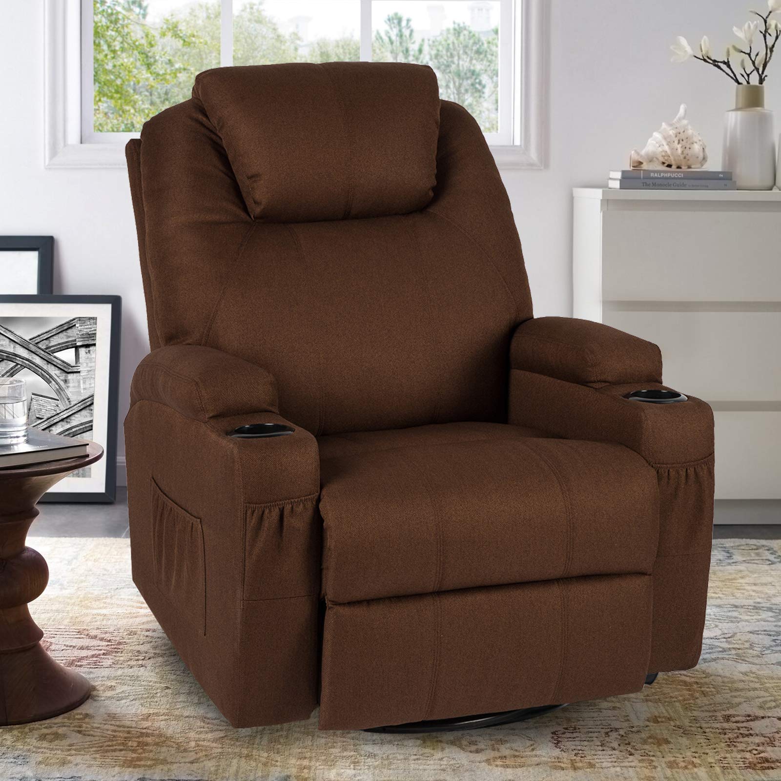 Heated Massage Recliner Chair with Cup Holder - Dark Brown Rocking Lounge Seat for Living Room, Home Theater & Relaxation | Perfect for Movie Nights, Gaming & Stress Relief