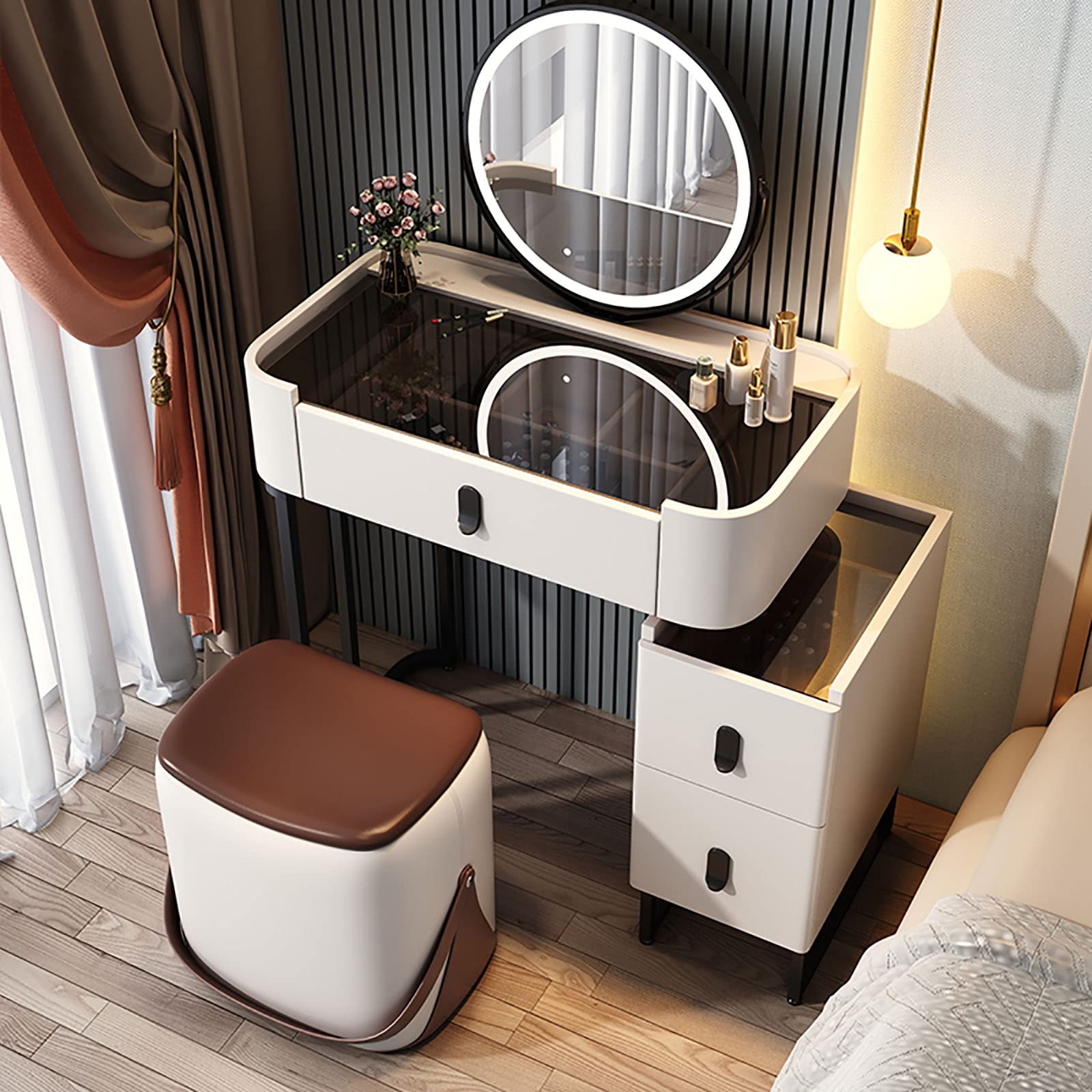 EVILO Dressing Table with LED Lights & Storage - Modern Glass Top Makeup Vanity Set with Stool for Bedroom | Perfect for Beauty Routine, Makeup Application & Bedroom Decor